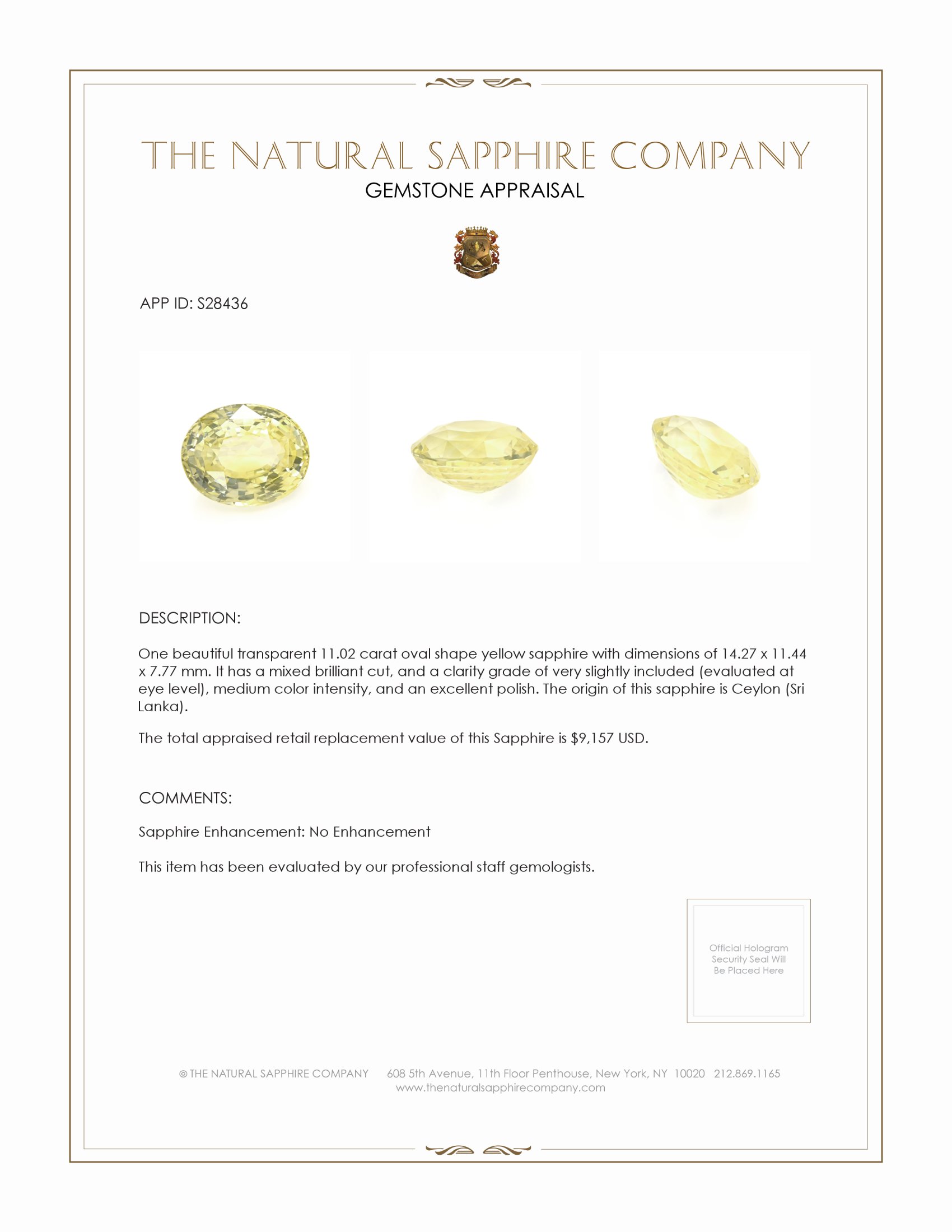 11.02 Ct. Yellow Sapphire from Ceylon (Sri Lanka)