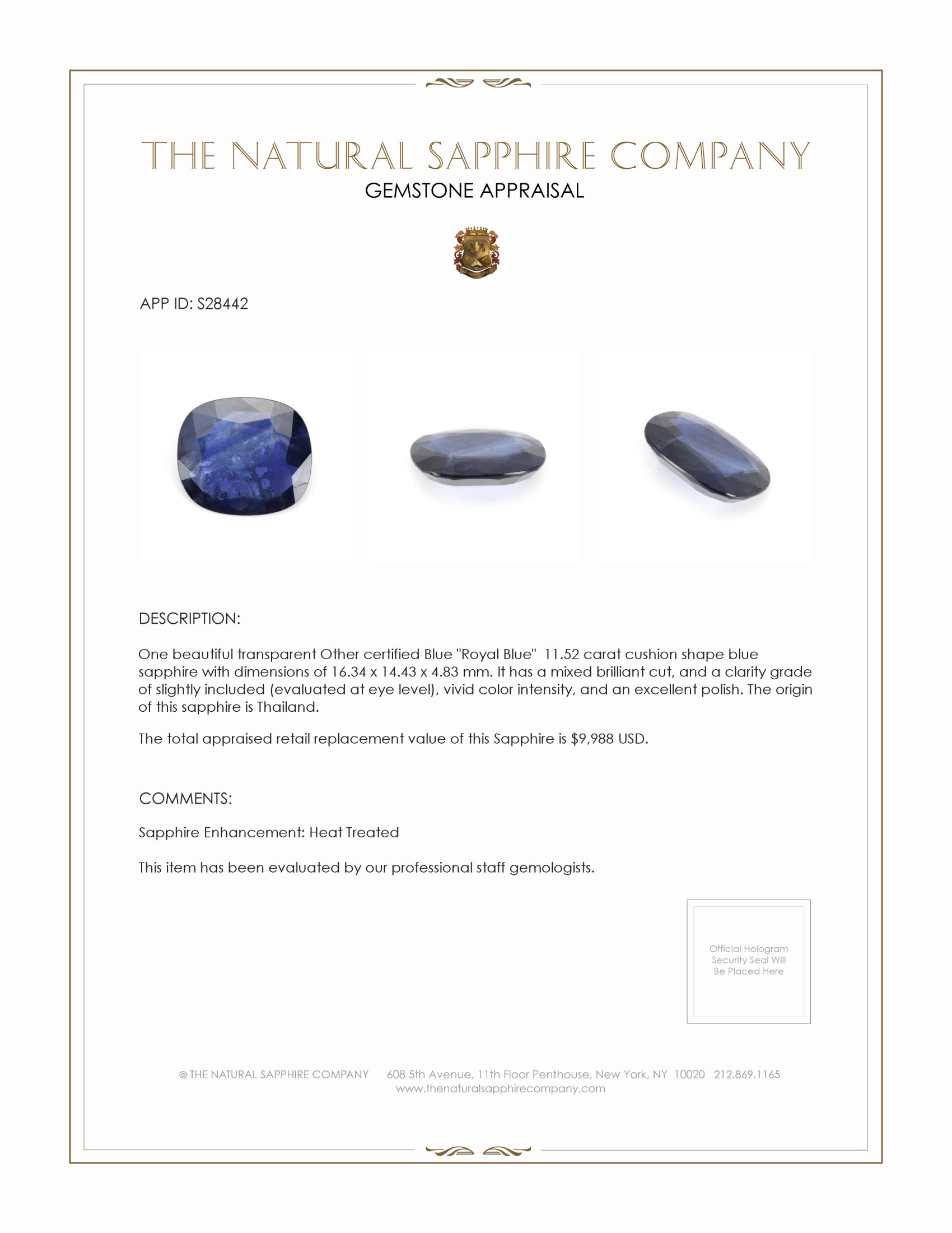 11.52 Ct. Blue Sapphire from Thailand