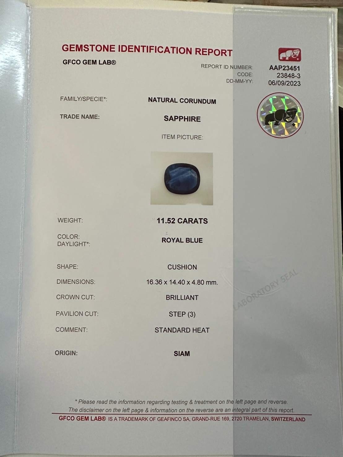 11.52 Ct. Blue Sapphire from Thailand