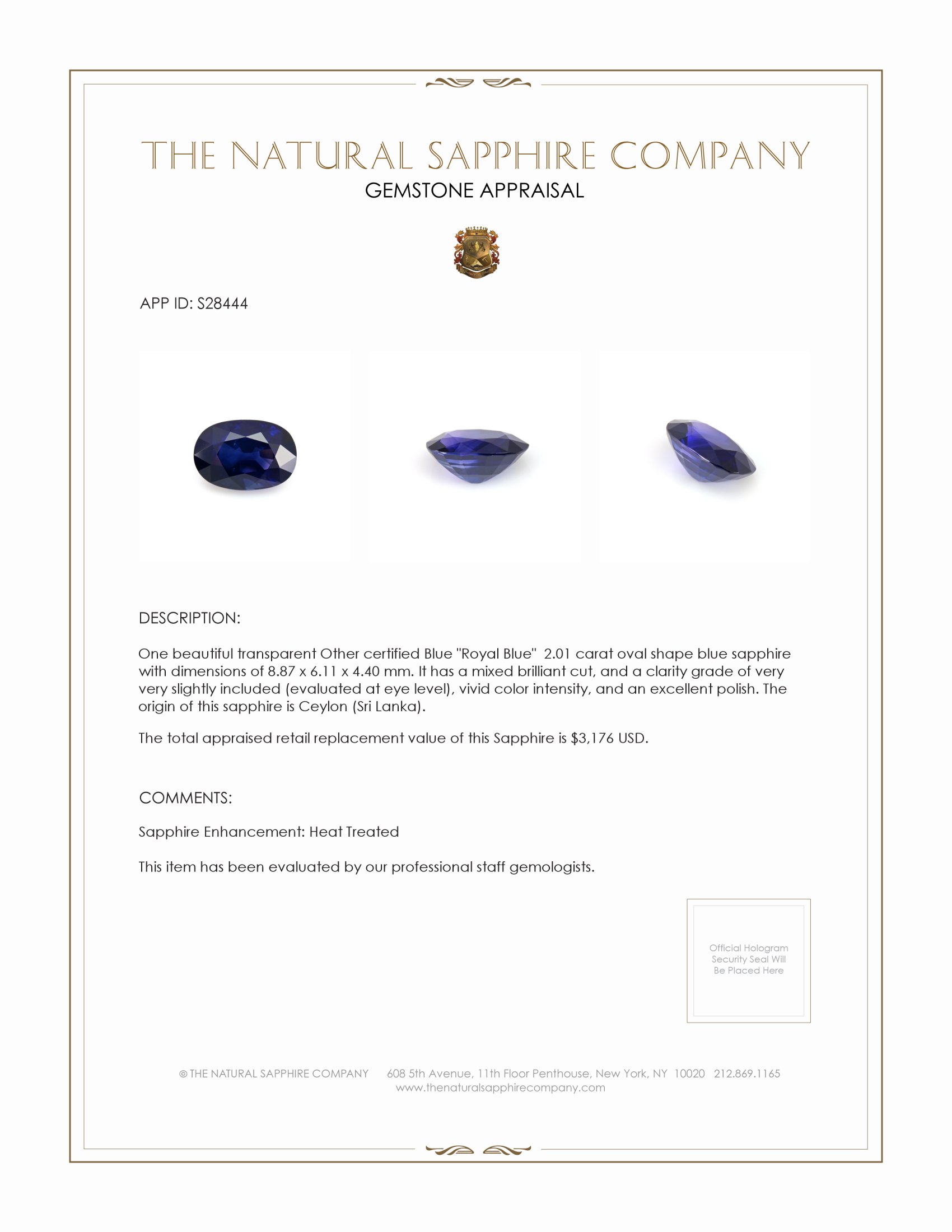 2.01 Ct. Blue Sapphire from Ceylon (Sri Lanka)