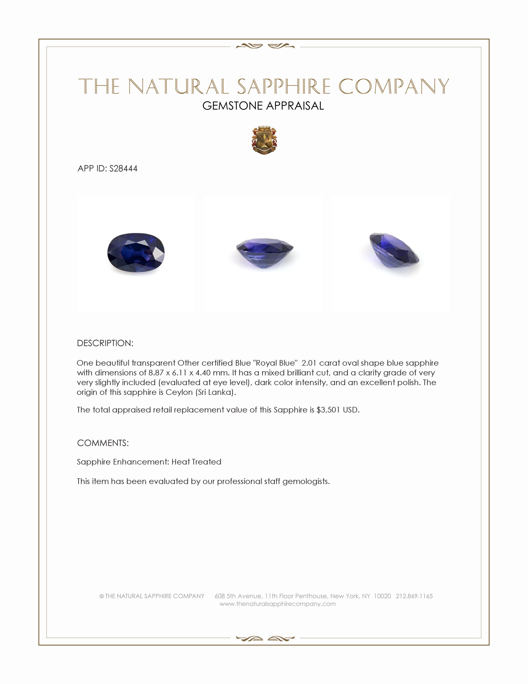 2.01 Ct. Blue Sapphire from Ceylon (Sri Lanka)