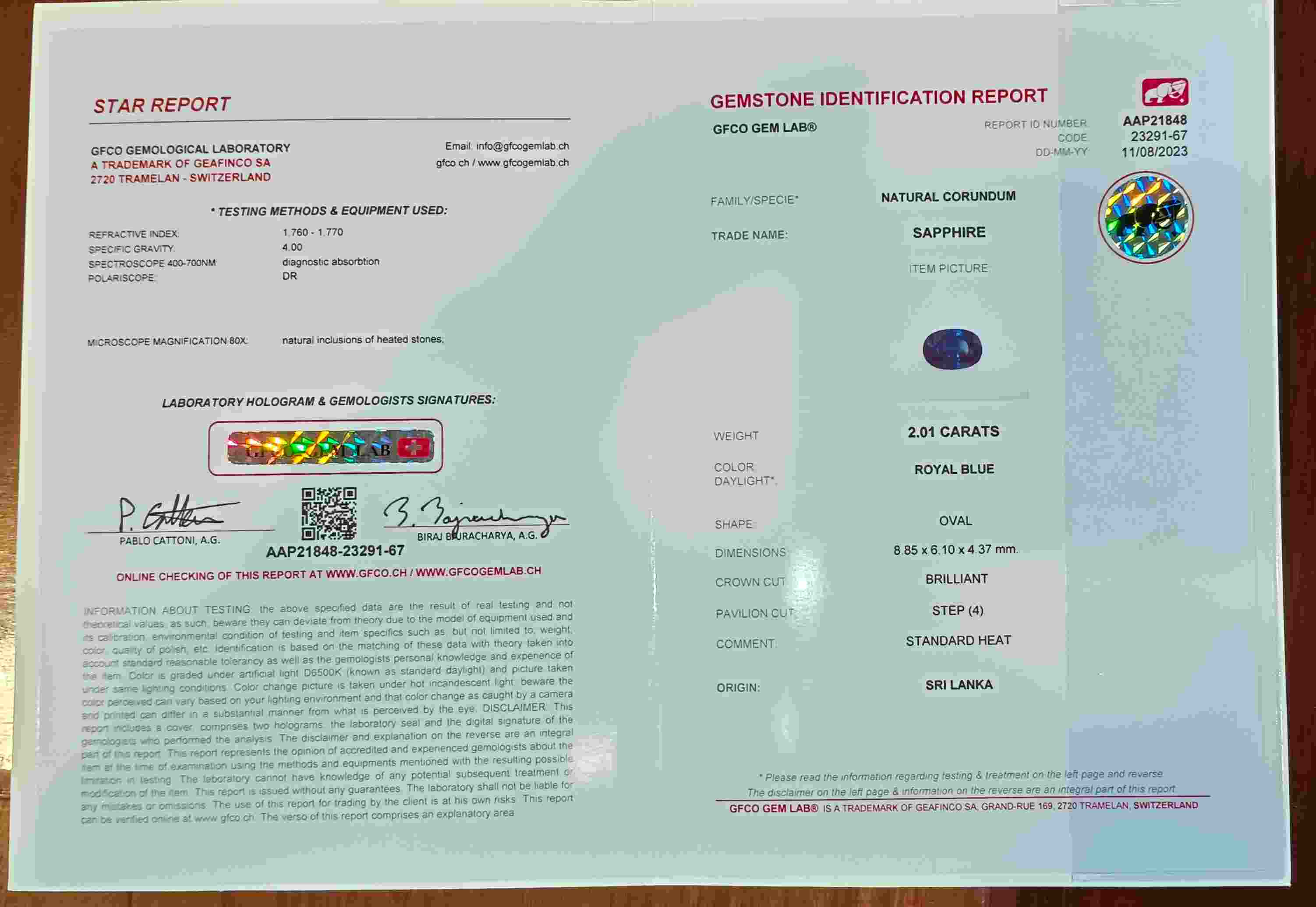 2.01 Ct. Blue Sapphire from Ceylon (Sri Lanka)