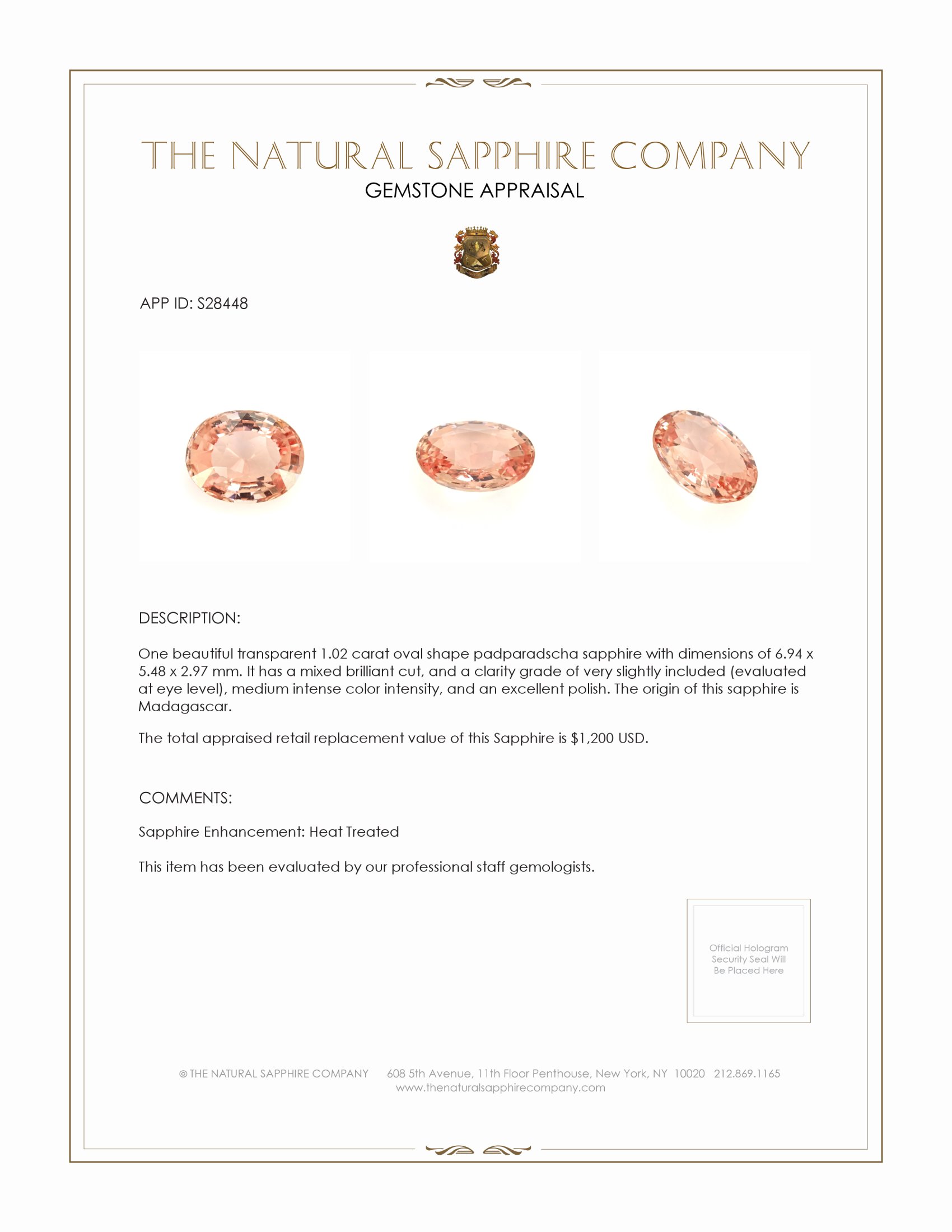 1.02 Ct. Padparadscha Sapphire from Madagascar