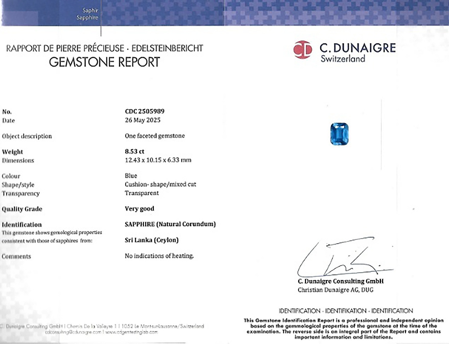8.53 Ct. Blue Sapphire from Ceylon (Sri Lanka)
