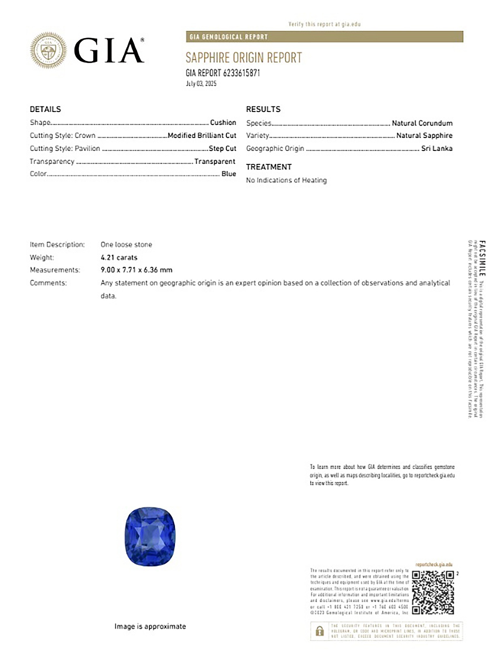 4.21 Ct. Blue Sapphire from Ceylon (Sri Lanka)