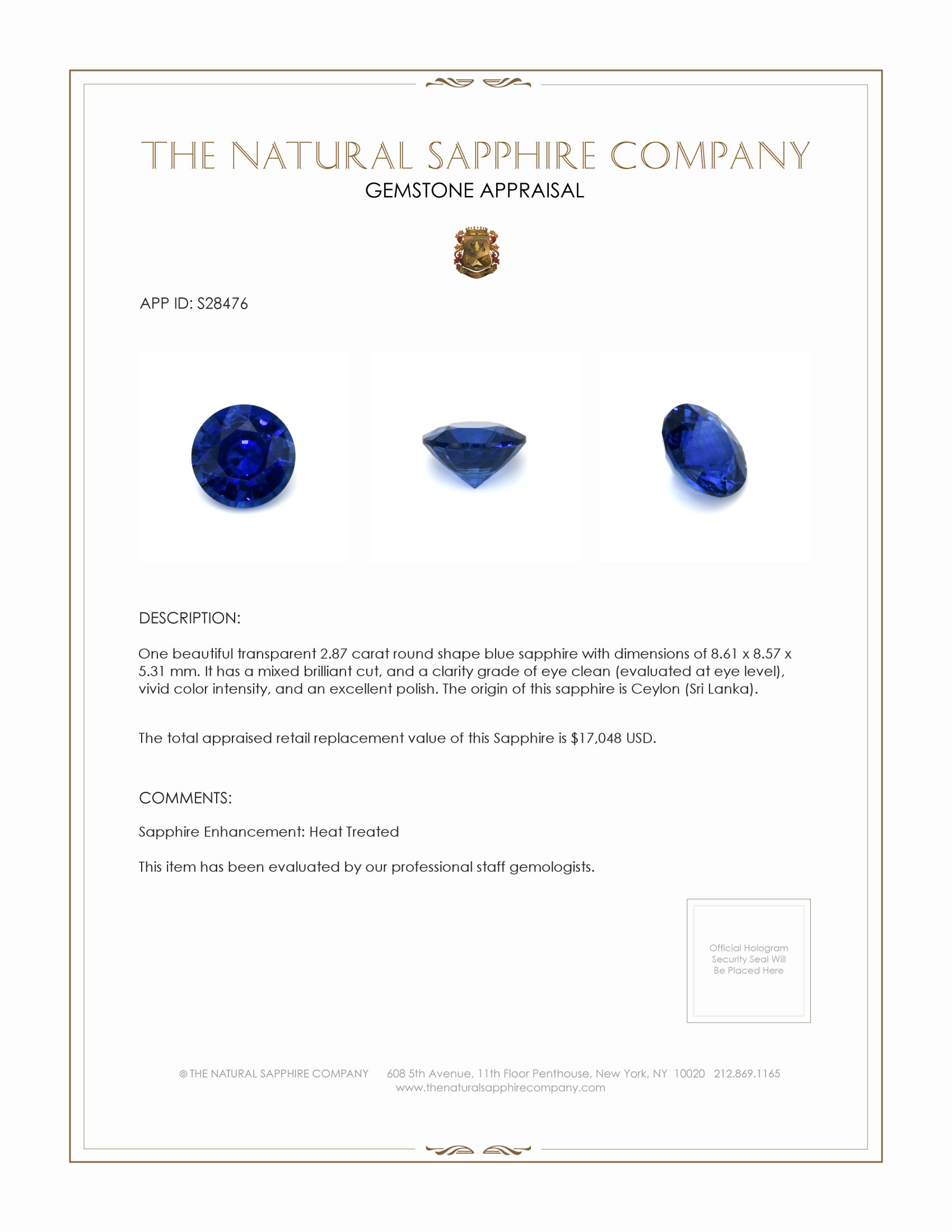 2.87 Ct. Blue Sapphire from Ceylon (Sri Lanka)