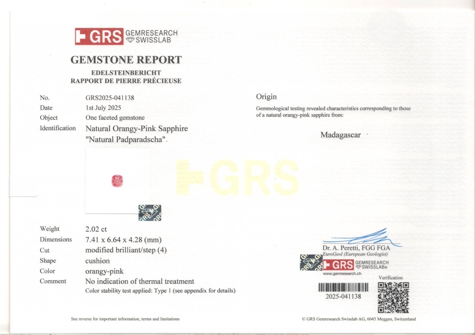 2.02 Ct. Padparadscha Sapphire from Madagascar