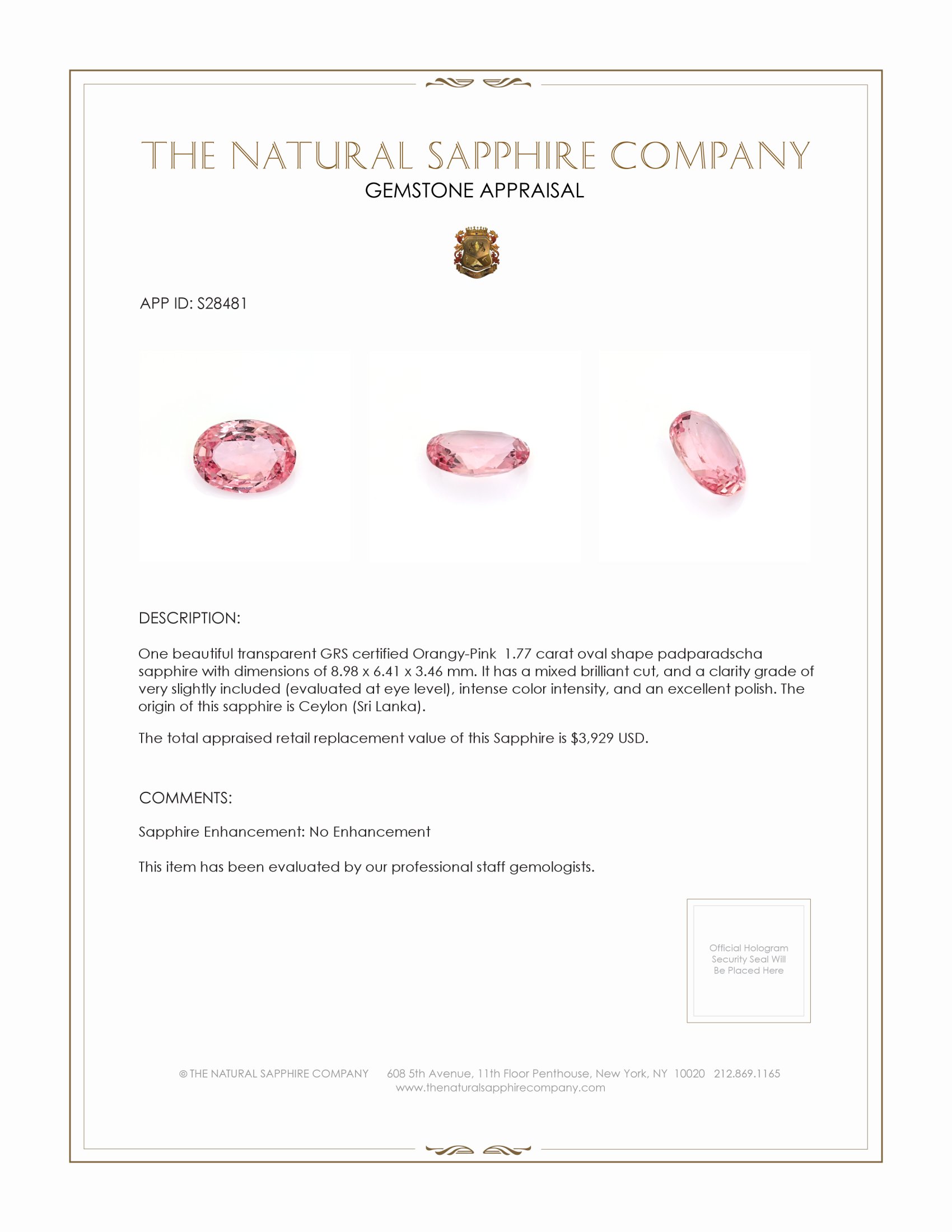 1.77 Ct. Padparadscha Sapphire from Ceylon (Sri Lanka)