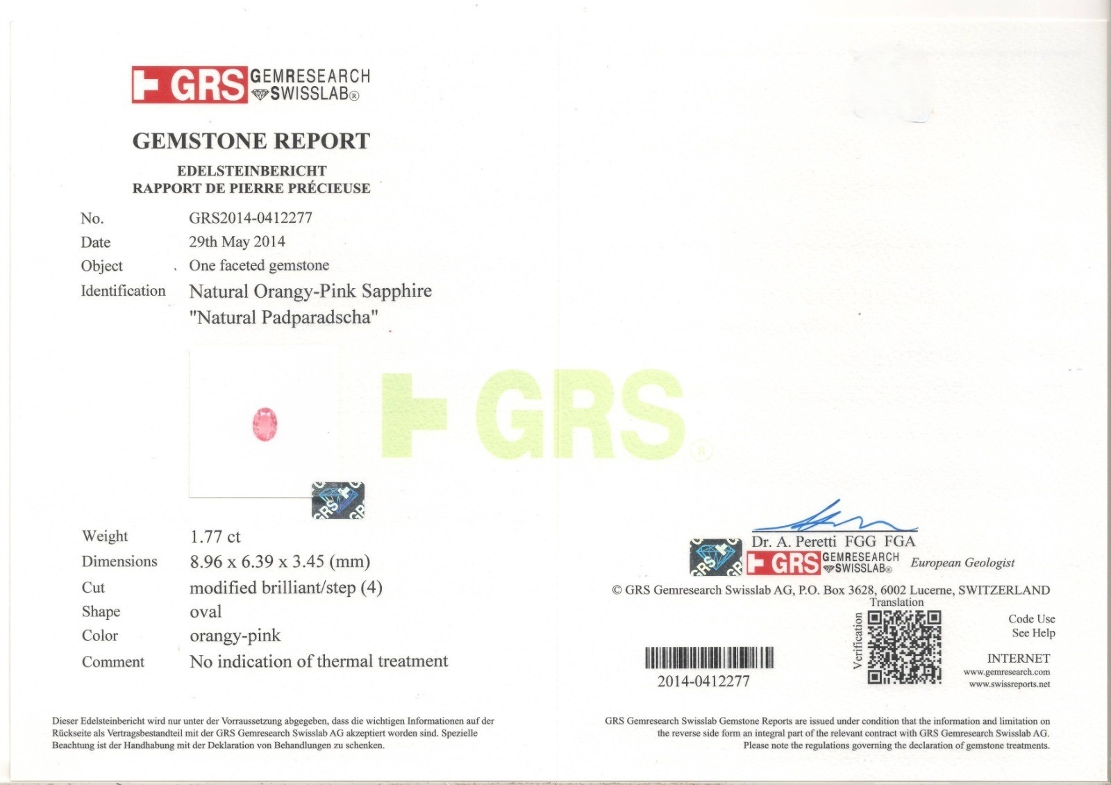 1.77 Ct. Padparadscha Sapphire from Ceylon (Sri Lanka)