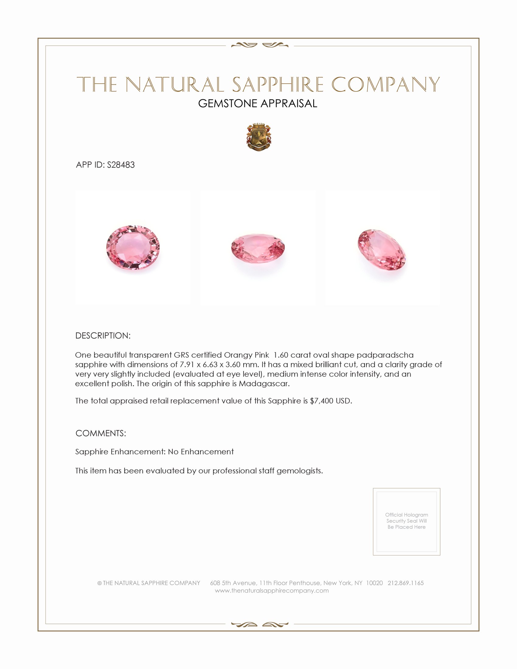 1.60 Ct. Padparadscha Sapphire from Madagascar