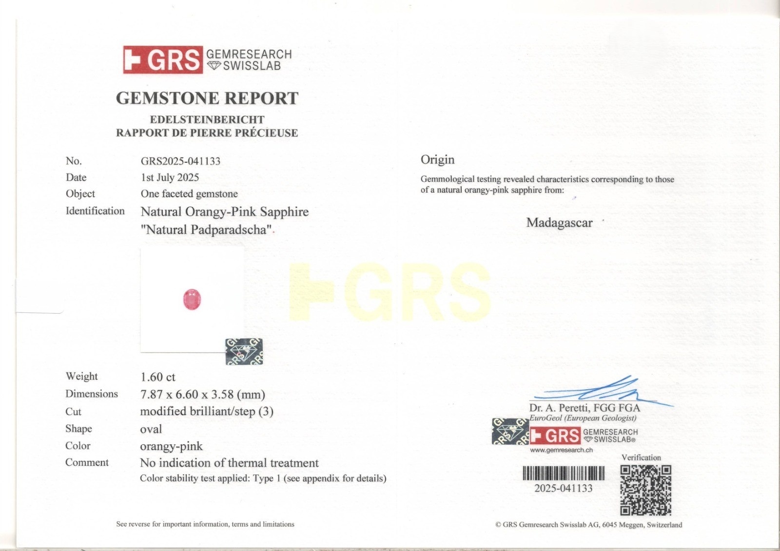 1.60 Ct. Padparadscha Sapphire from Madagascar