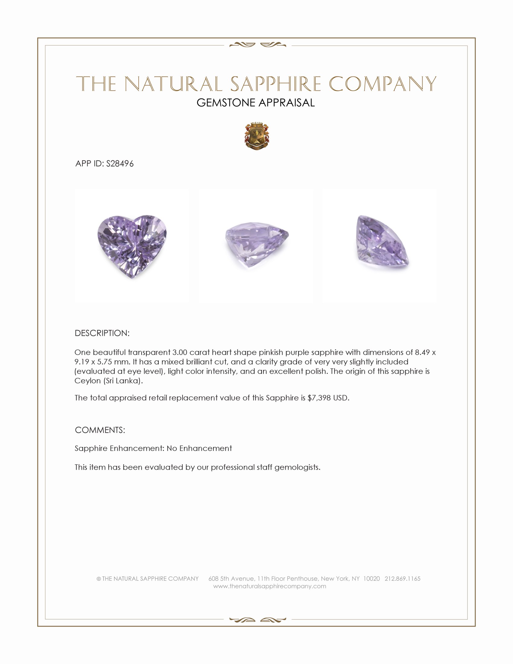 3.00 Ct. Pinkish Purple Sapphire from Ceylon (Sri Lanka)