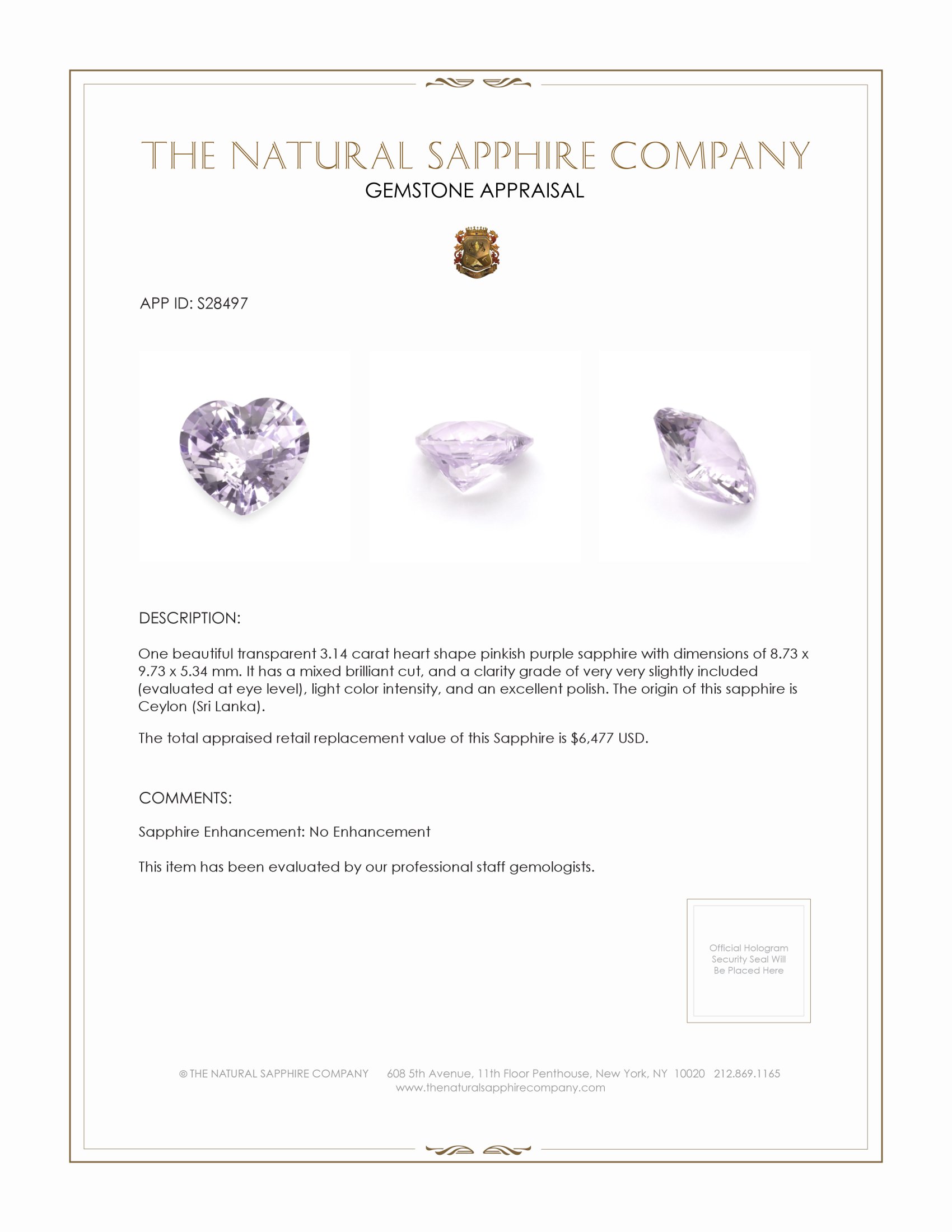 3.14 Ct. Pinkish Purple Sapphire from Ceylon (Sri Lanka)