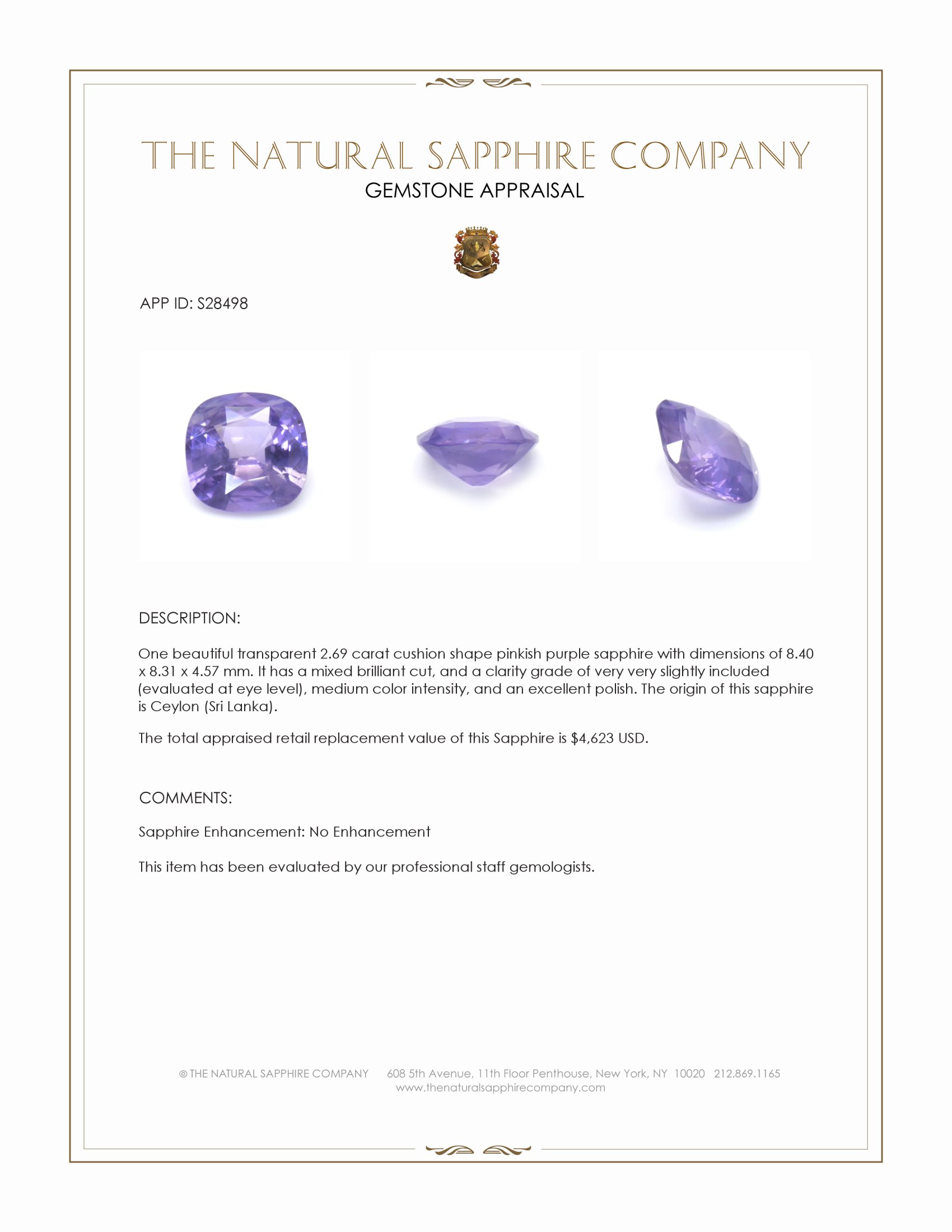 2.69 Ct. Pinkish Purple Sapphire from Ceylon (Sri Lanka)