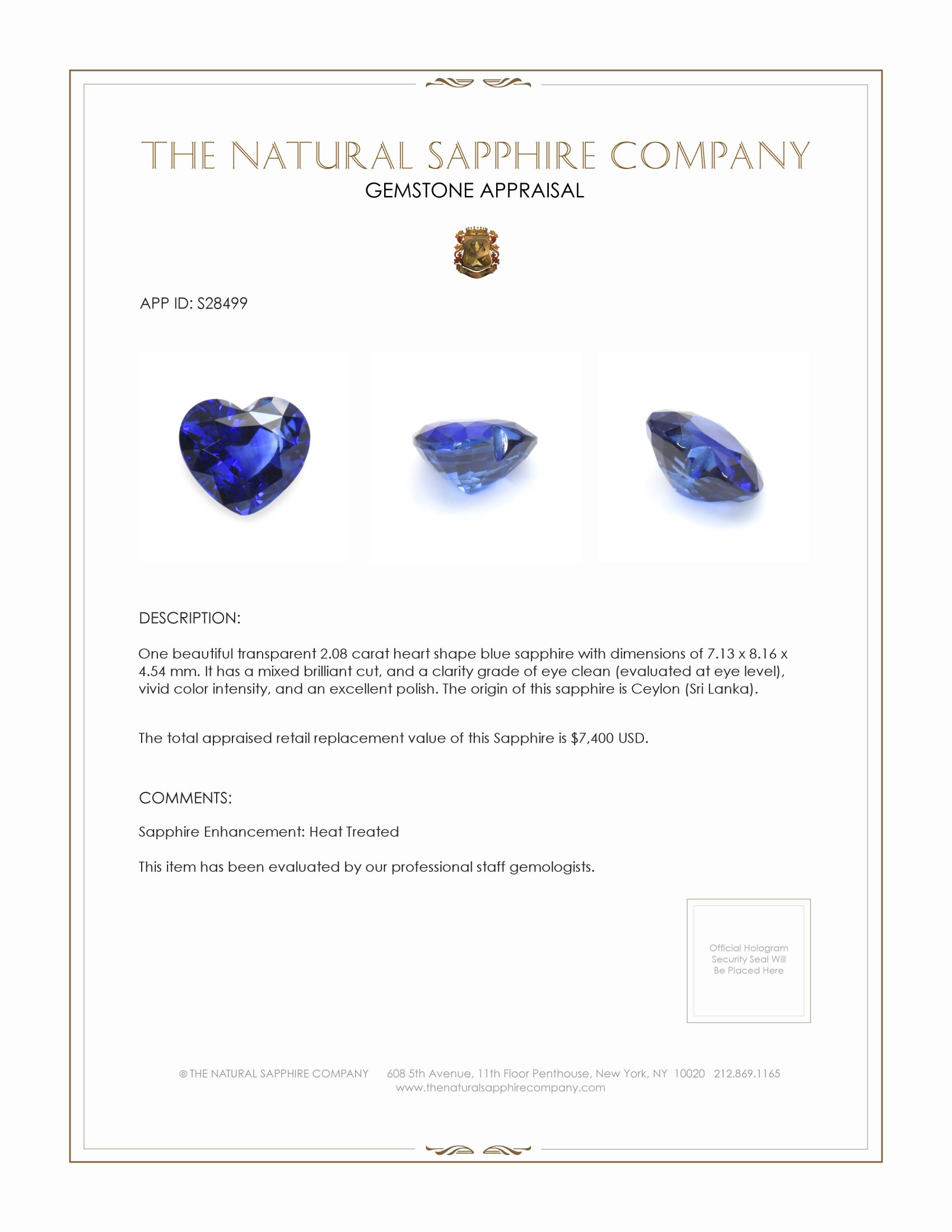 2.08 Ct. Blue Sapphire from Ceylon (Sri Lanka)