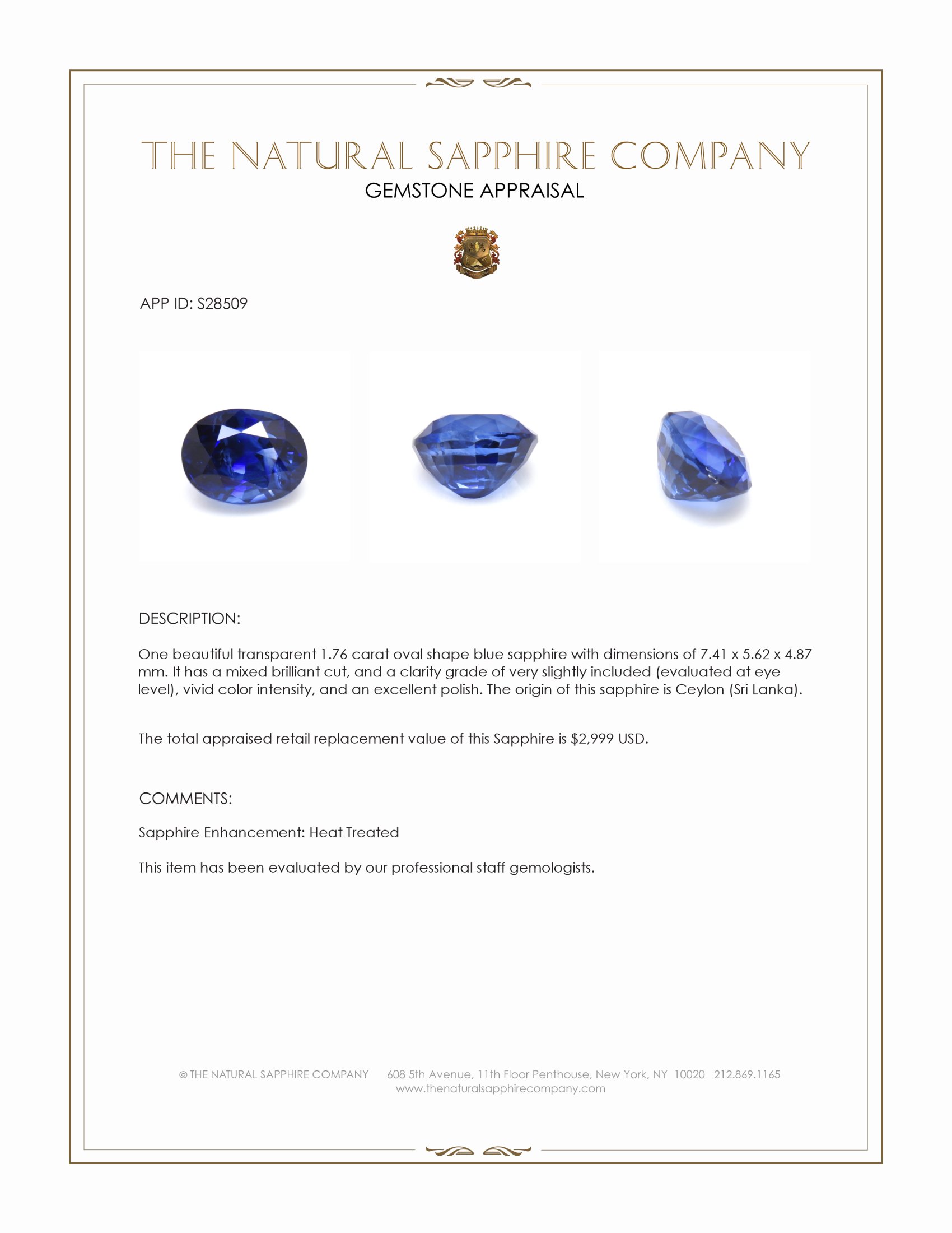 1.76 Ct. Blue Sapphire from Ceylon (Sri Lanka)