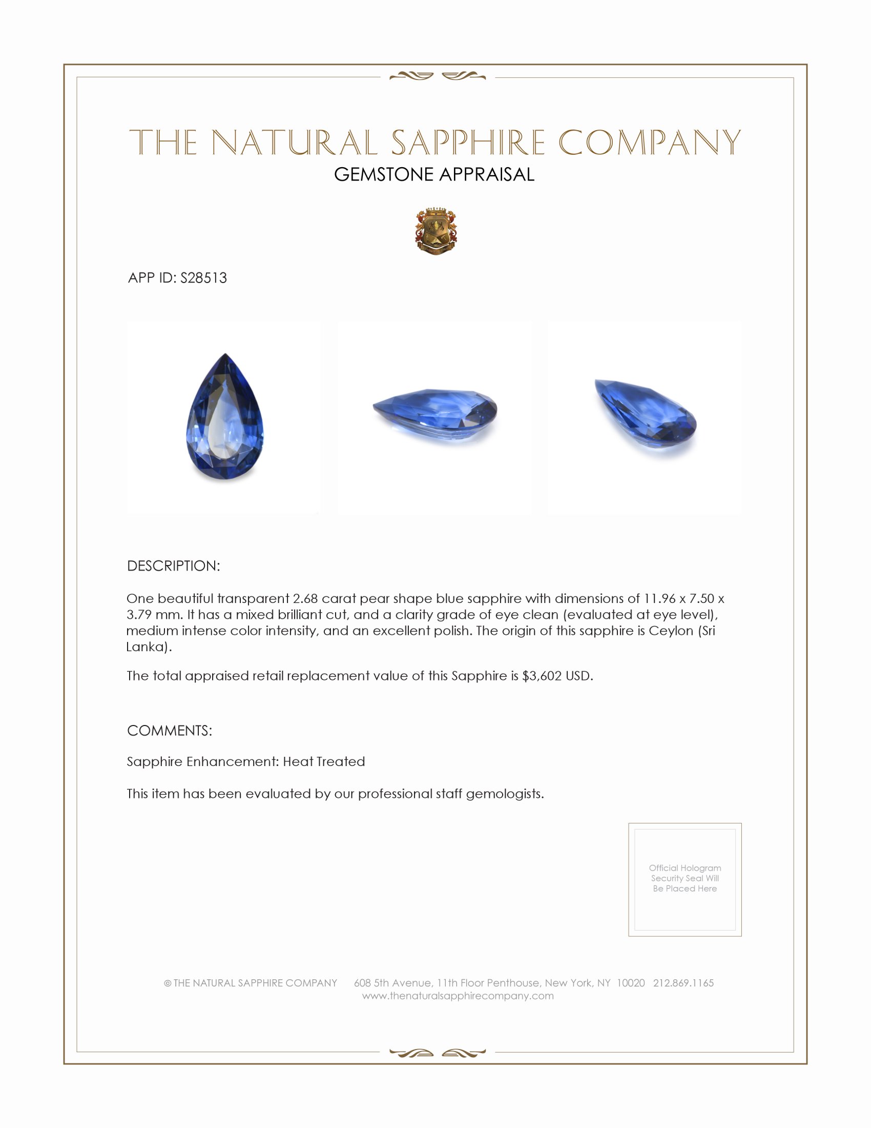 2.68 Ct. Blue Sapphire from Ceylon (Sri Lanka)