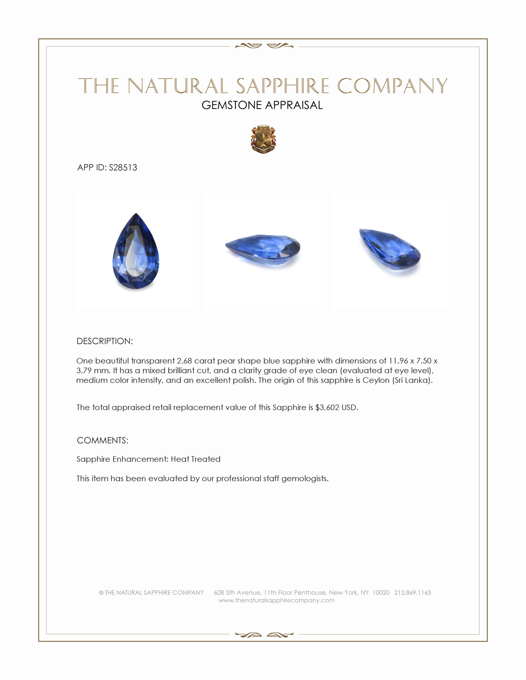 2.68 Ct. Blue Sapphire from Ceylon (Sri Lanka)