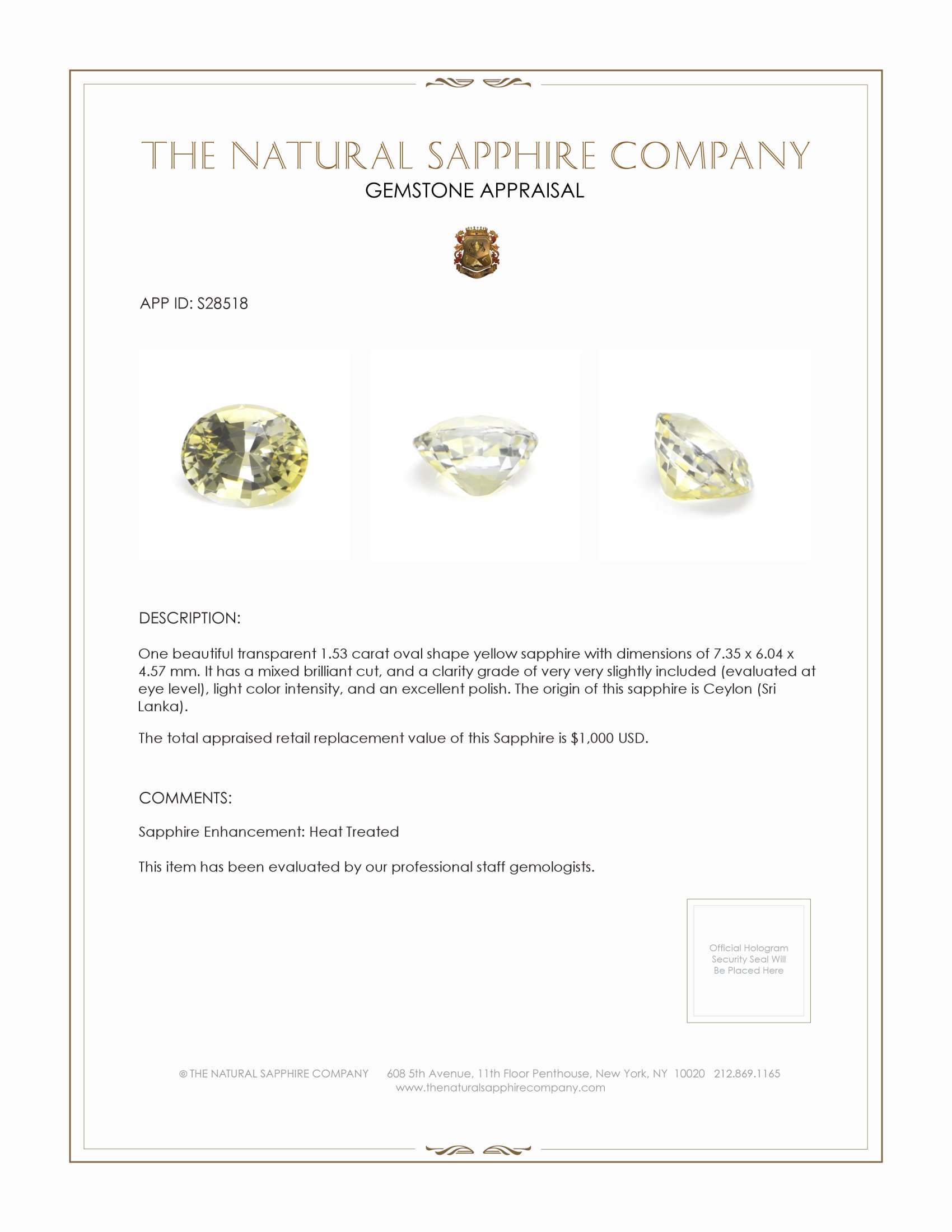 1.53 Ct. Yellow Sapphire from Ceylon (Sri Lanka)