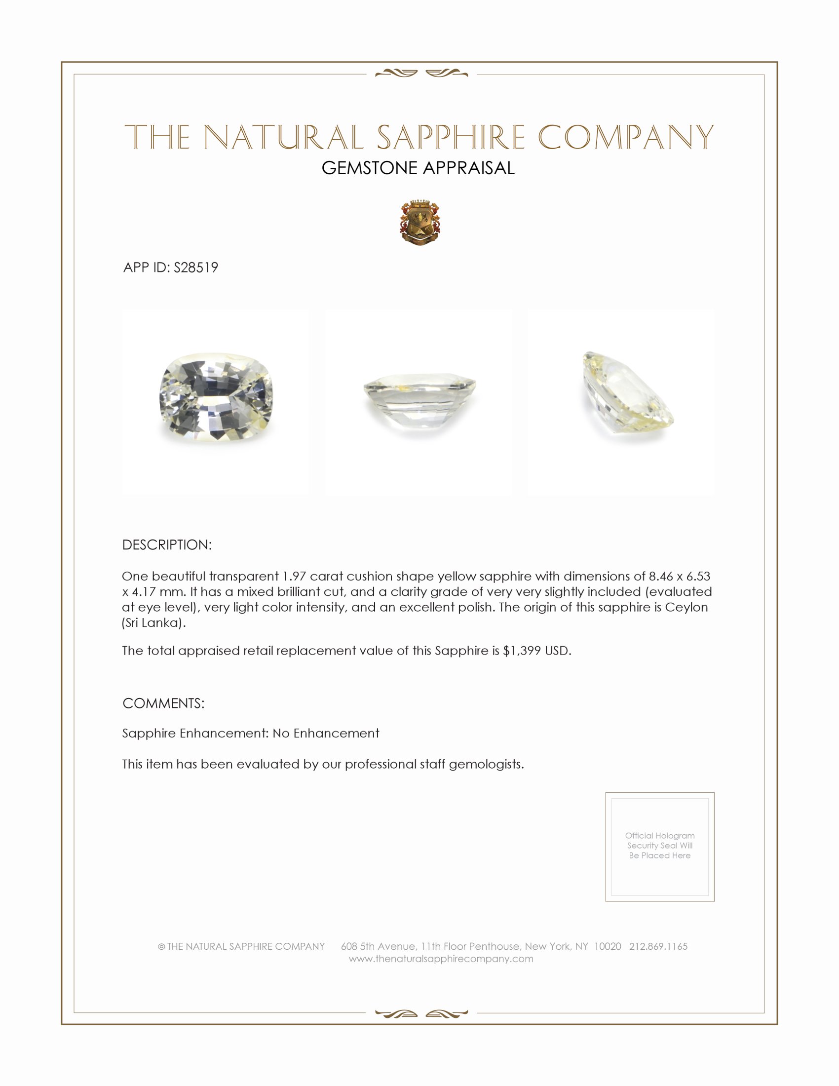 1.97 Ct. Yellow Sapphire from Ceylon (Sri Lanka)