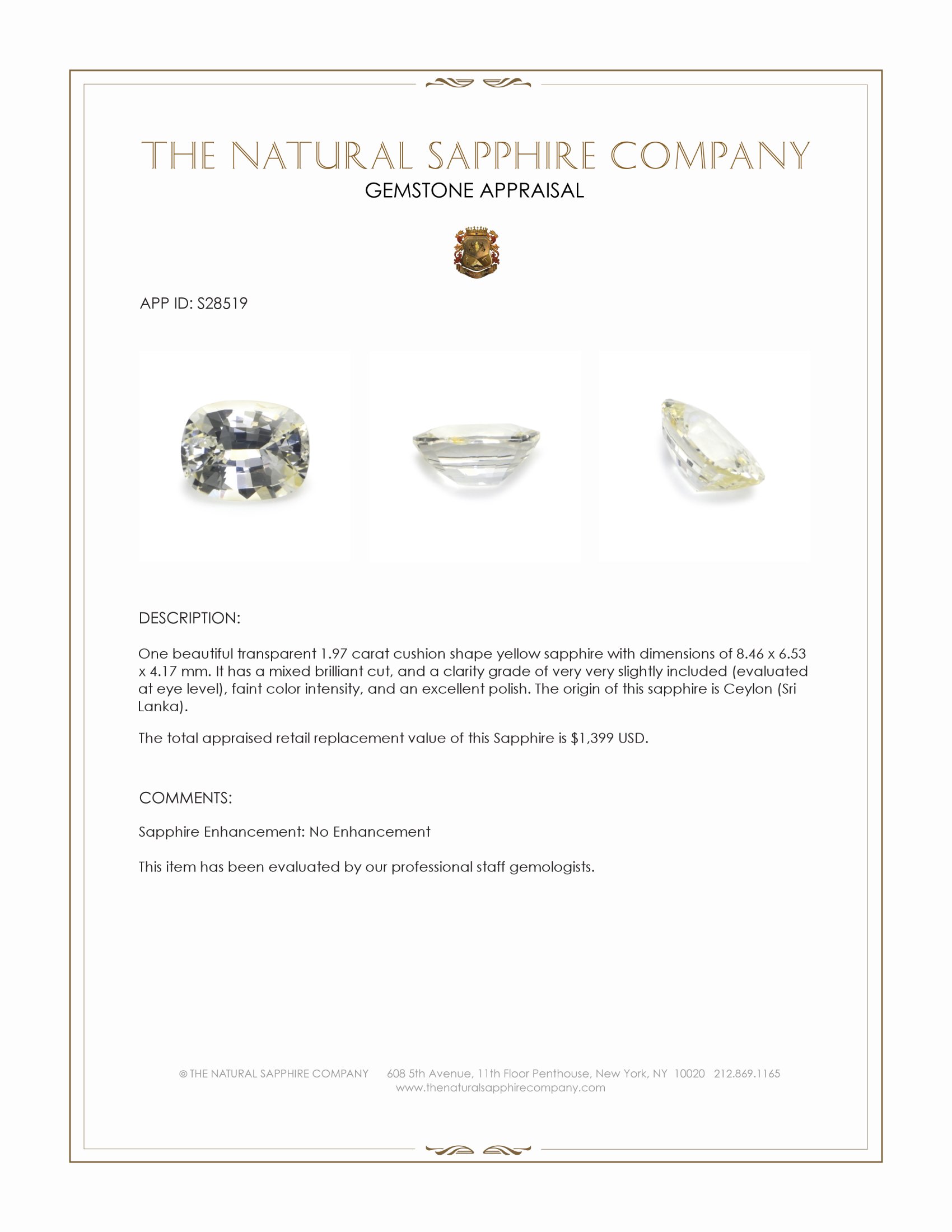 1.97 Ct. Yellow Sapphire from Ceylon (Sri Lanka)