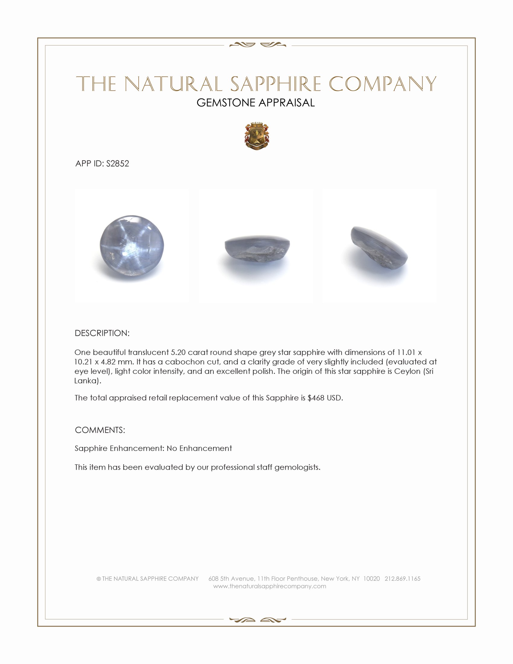 5.20 Ct. Grey Star Sapphire from Ceylon (Sri Lanka)