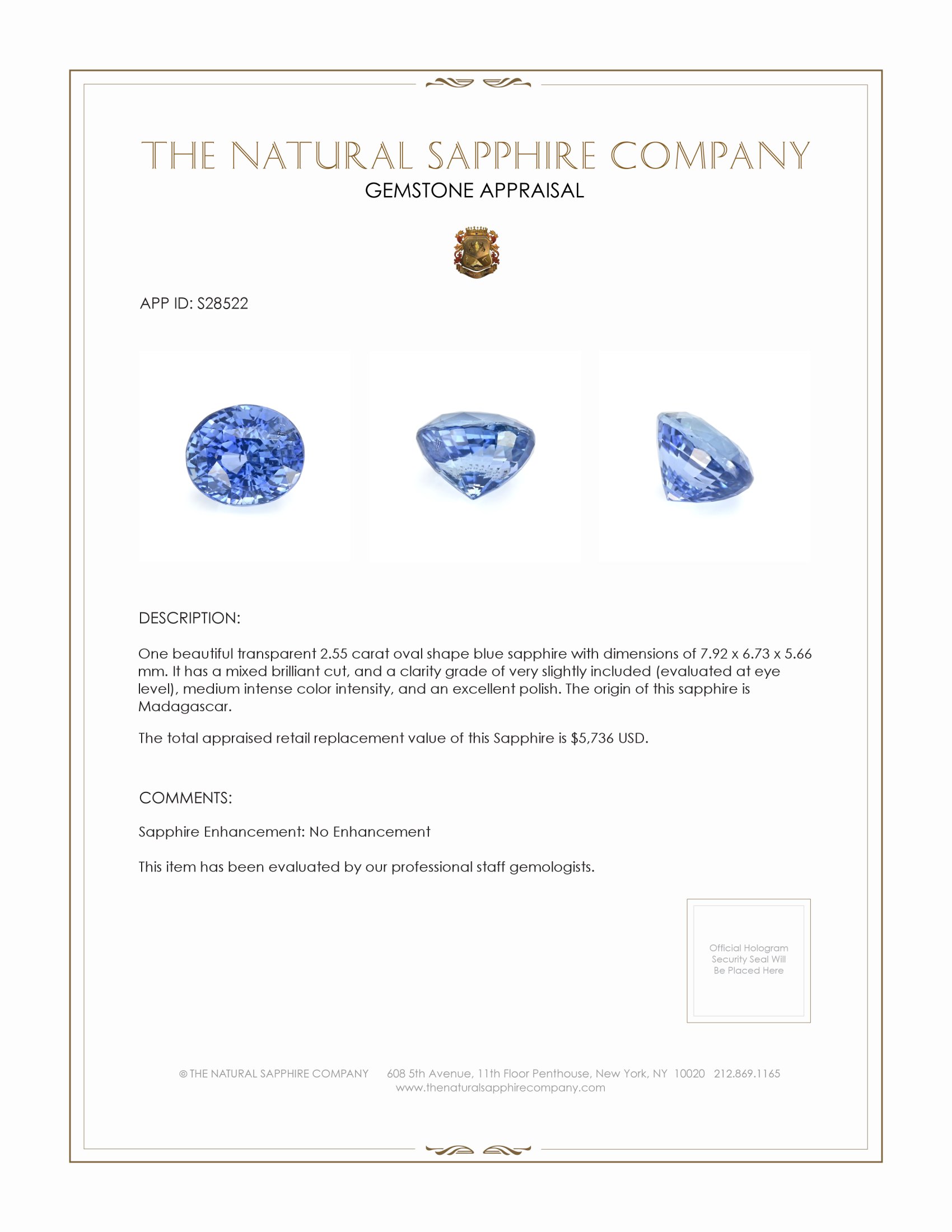 2.55 Ct. Blue Sapphire from Madagascar