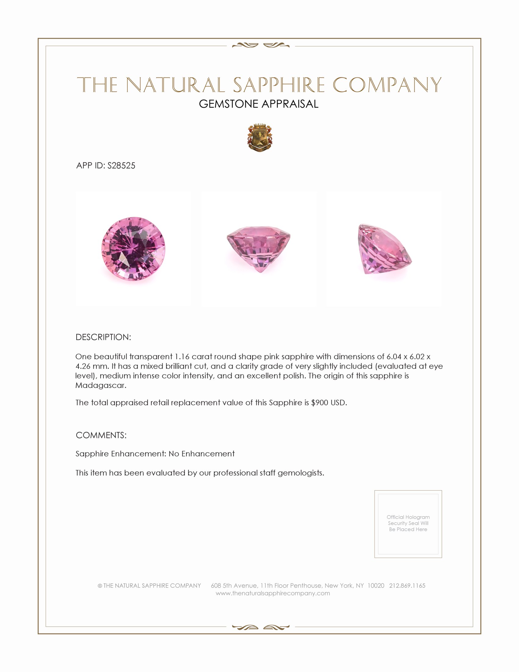 1.16 Ct. Pink Sapphire from Madagascar