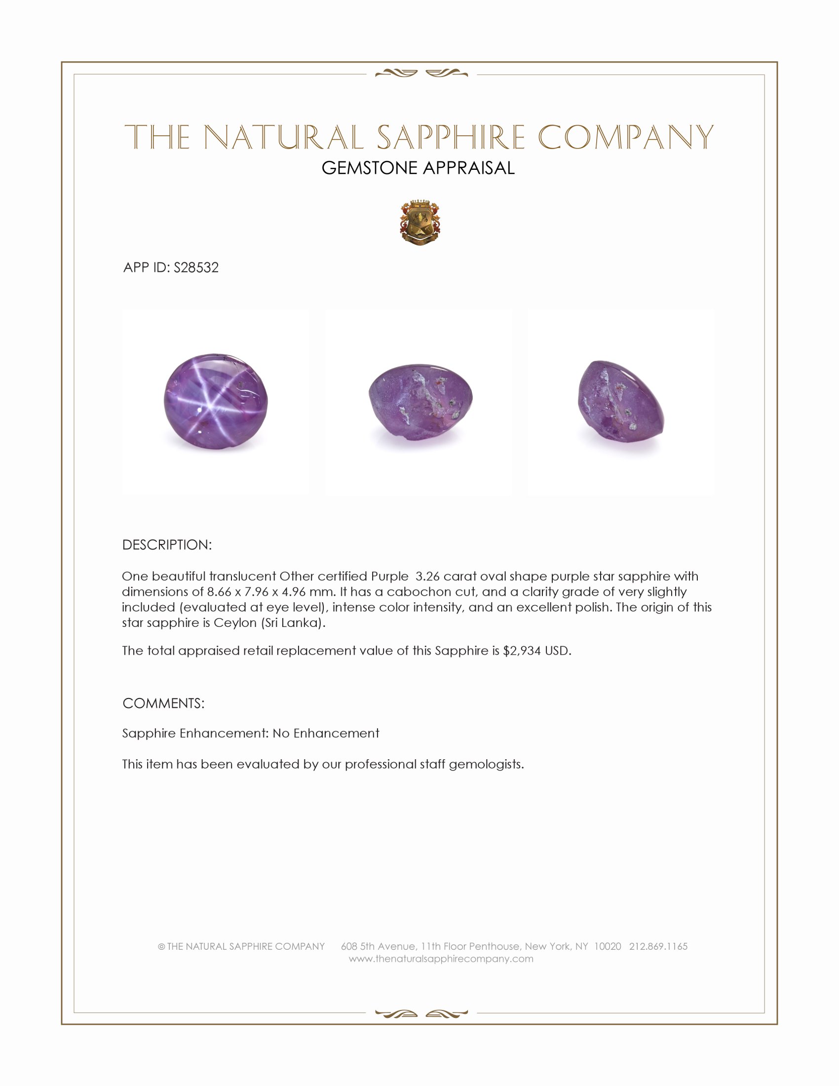 3.26 Ct. Purple Star Sapphire from Ceylon (Sri Lanka)