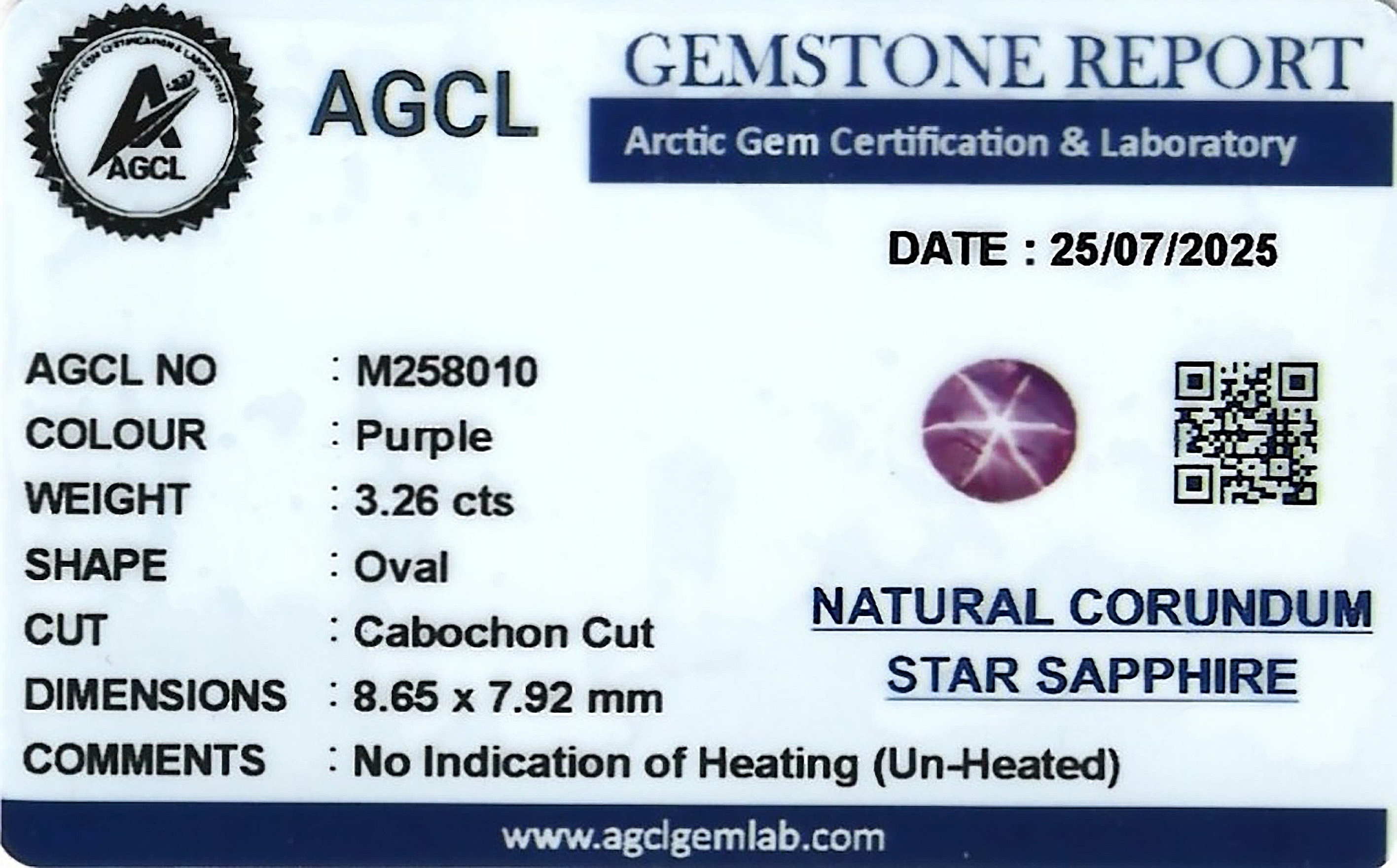 3.26 Ct. Purple Star Sapphire from Ceylon (Sri Lanka)