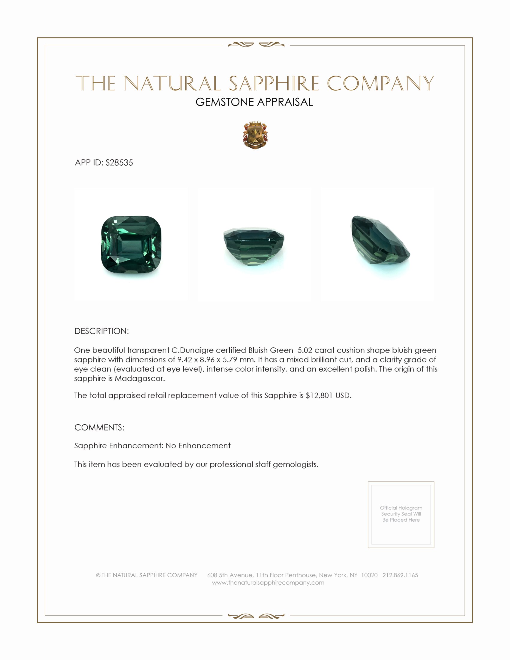 5.02 Ct. Bluish Green Sapphire from Madagascar