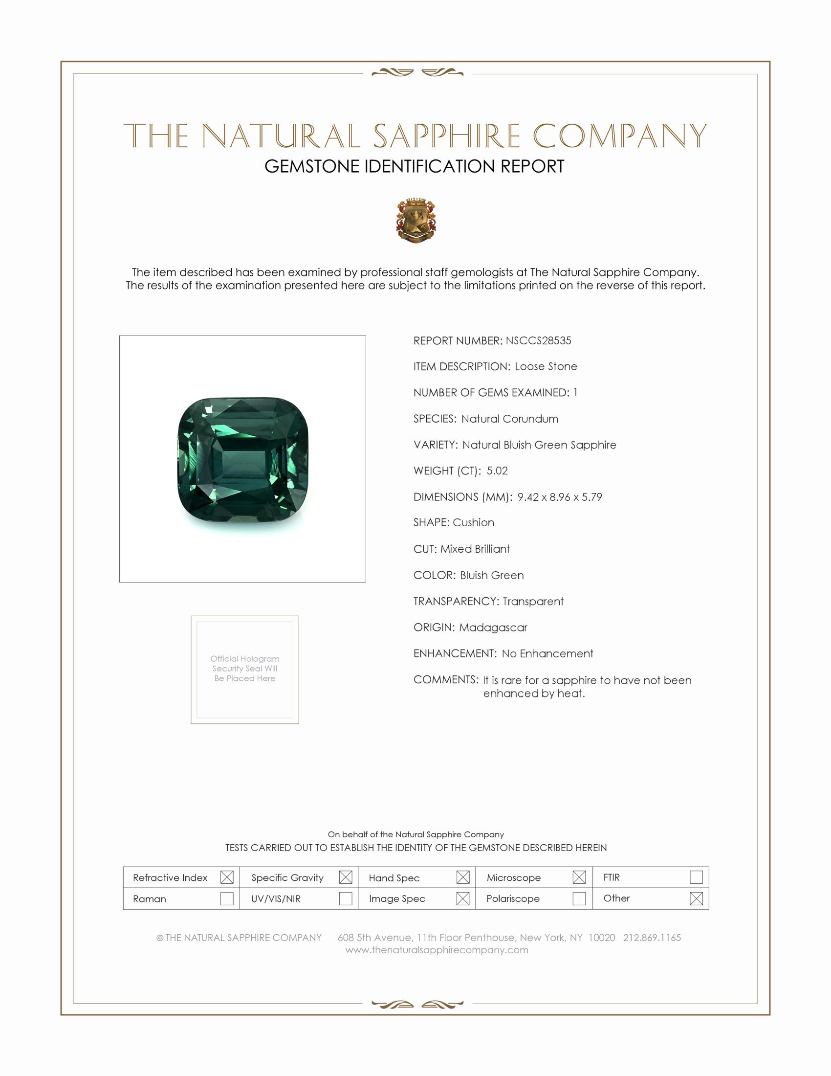 5.02 Ct. Bluish Green Sapphire from Madagascar