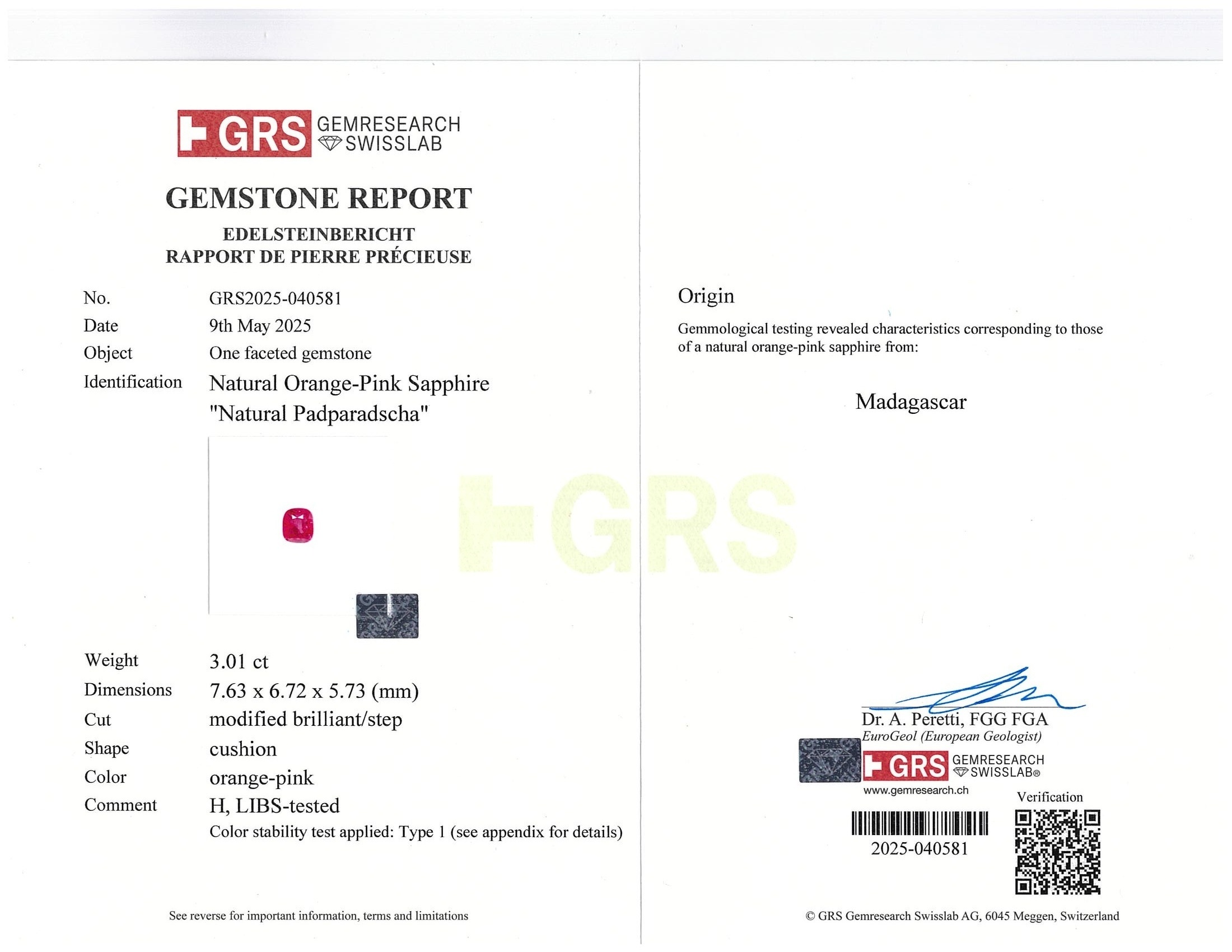 3.01 Ct. Padparadscha Sapphire from Madagascar