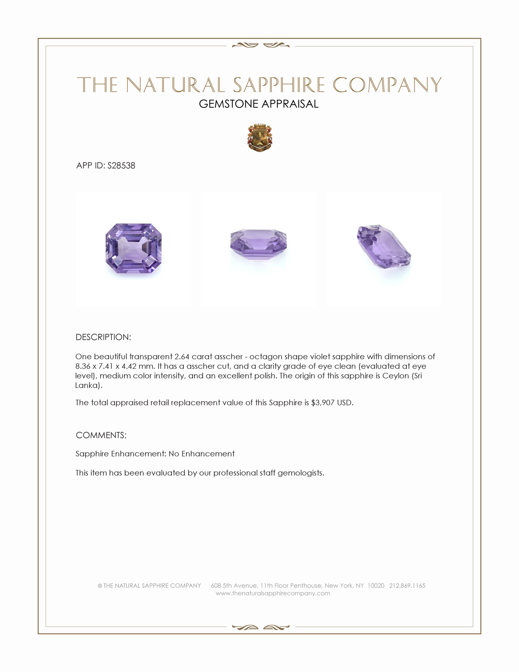 2.64 Ct. Violet Sapphire from Ceylon (Sri Lanka)
