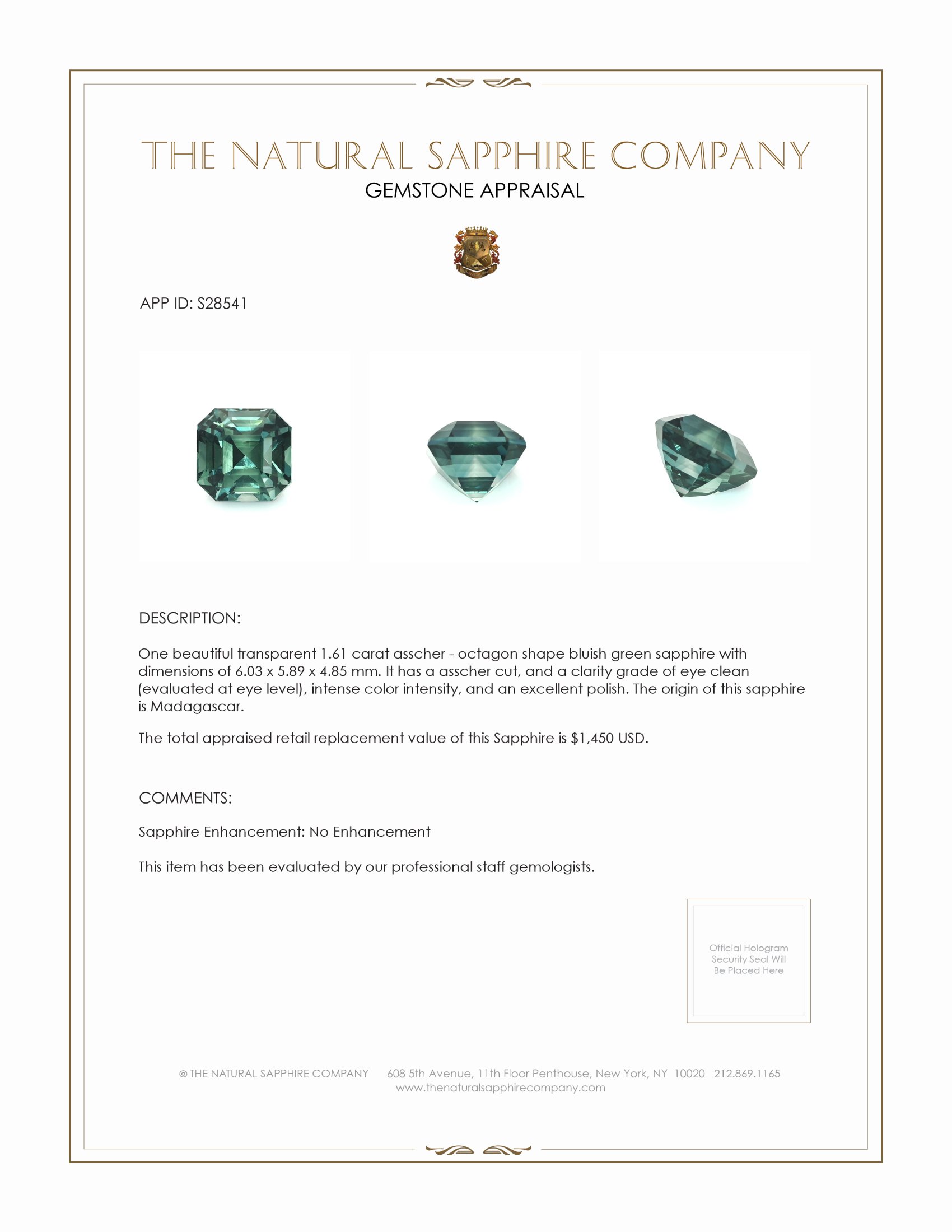1.61 Ct. Bluish Green Sapphire from Madagascar