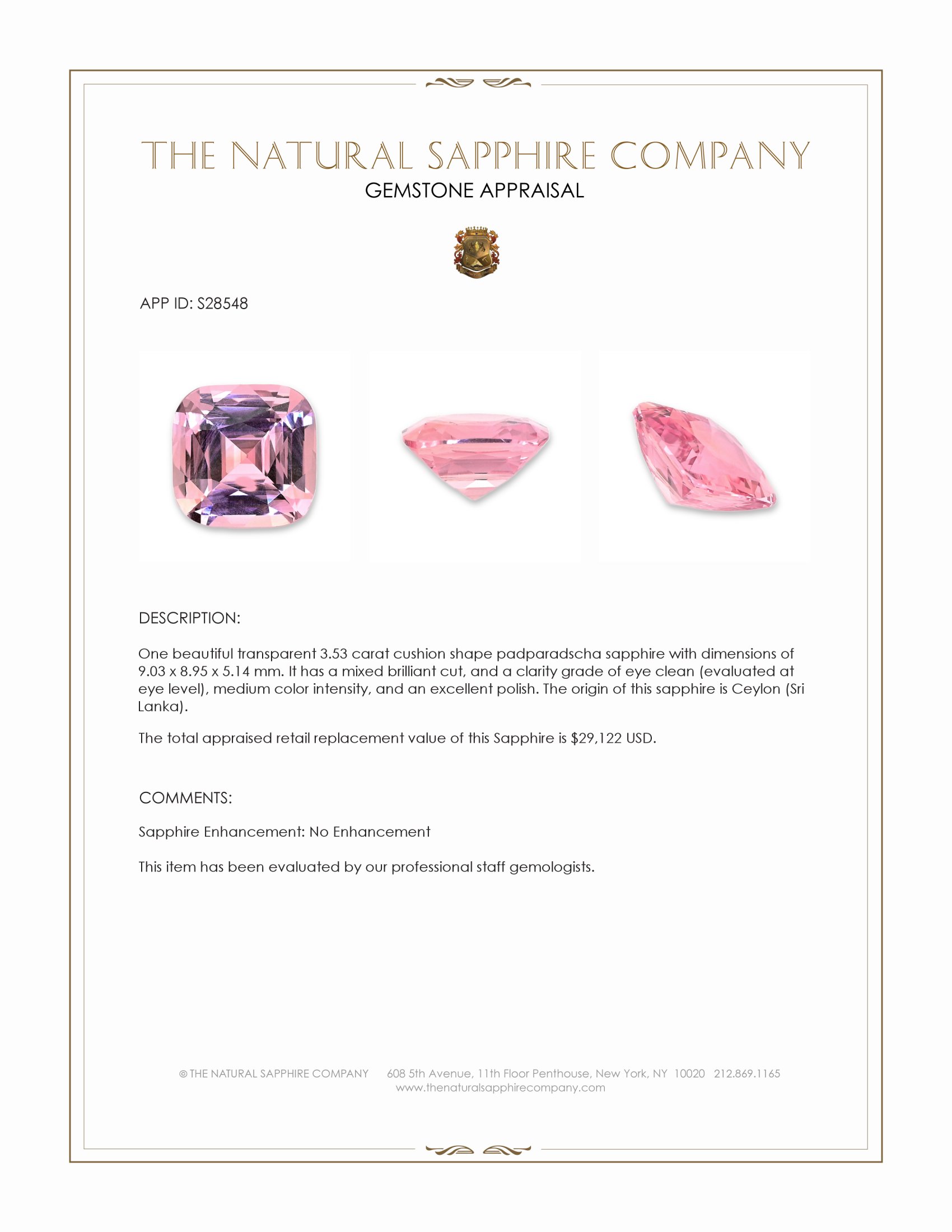 3.53 Ct. Padparadscha Sapphire from Ceylon (Sri Lanka)