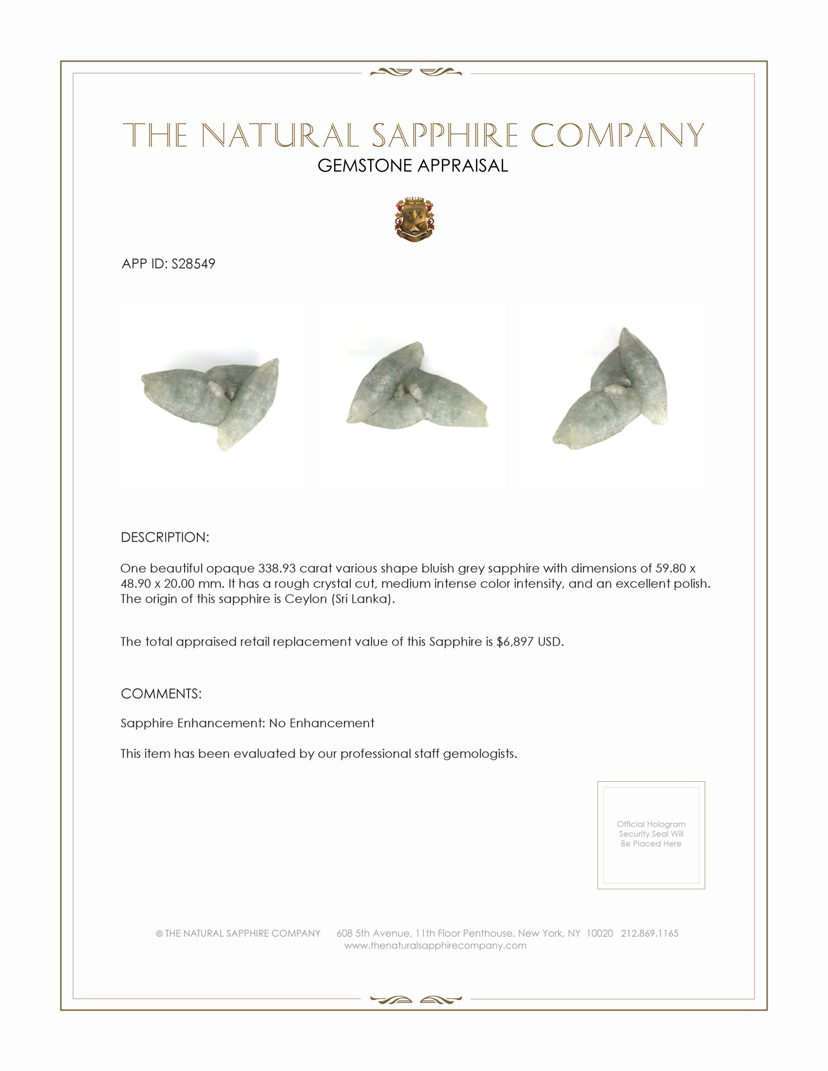 338.93 Ct. Bluish Grey Sapphire Crystal from Ceylon (Sri Lanka)