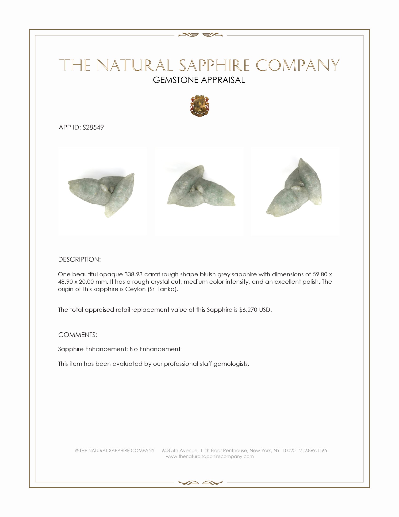 338.93 Ct. Bluish Grey Rough Sapphire Crystal from Ceylon (Sri Lanka)