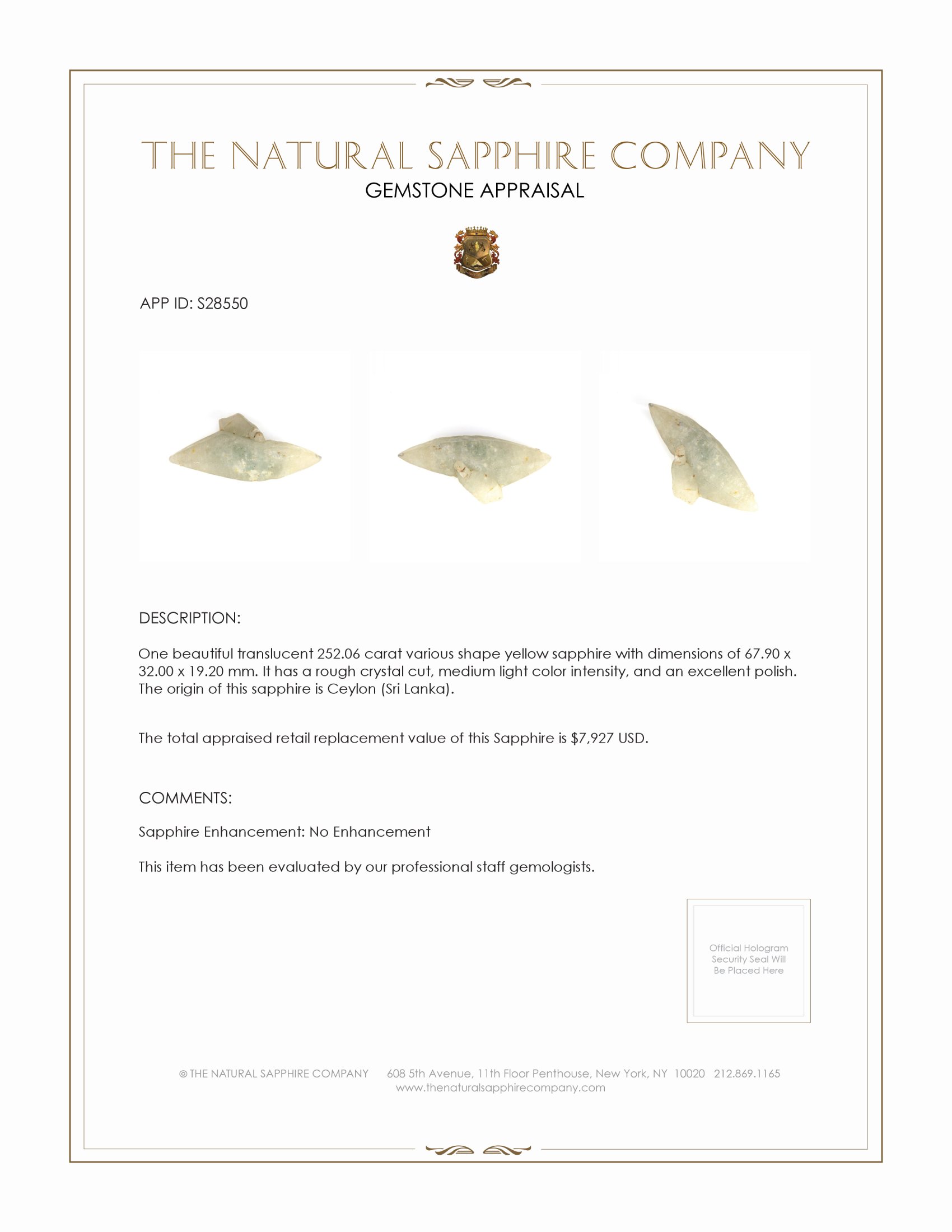 252.06 Ct. Yellow Sapphire Crystal from Ceylon (Sri Lanka)