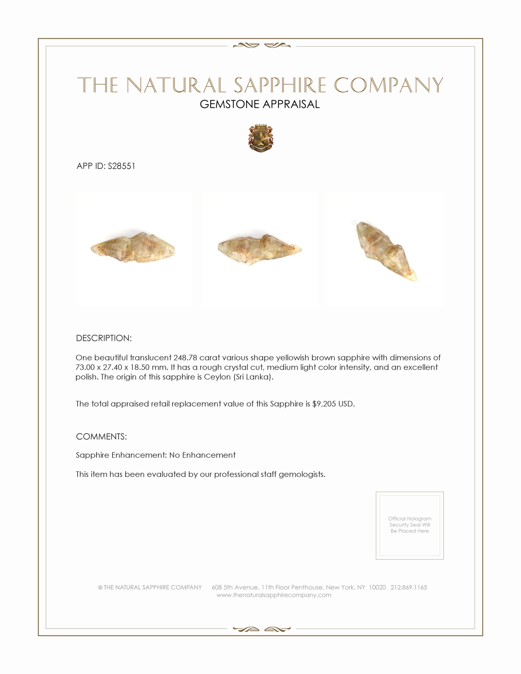 248.78 Ct. Yellowish Brown Sapphire Crystal from Ceylon (Sri Lanka)