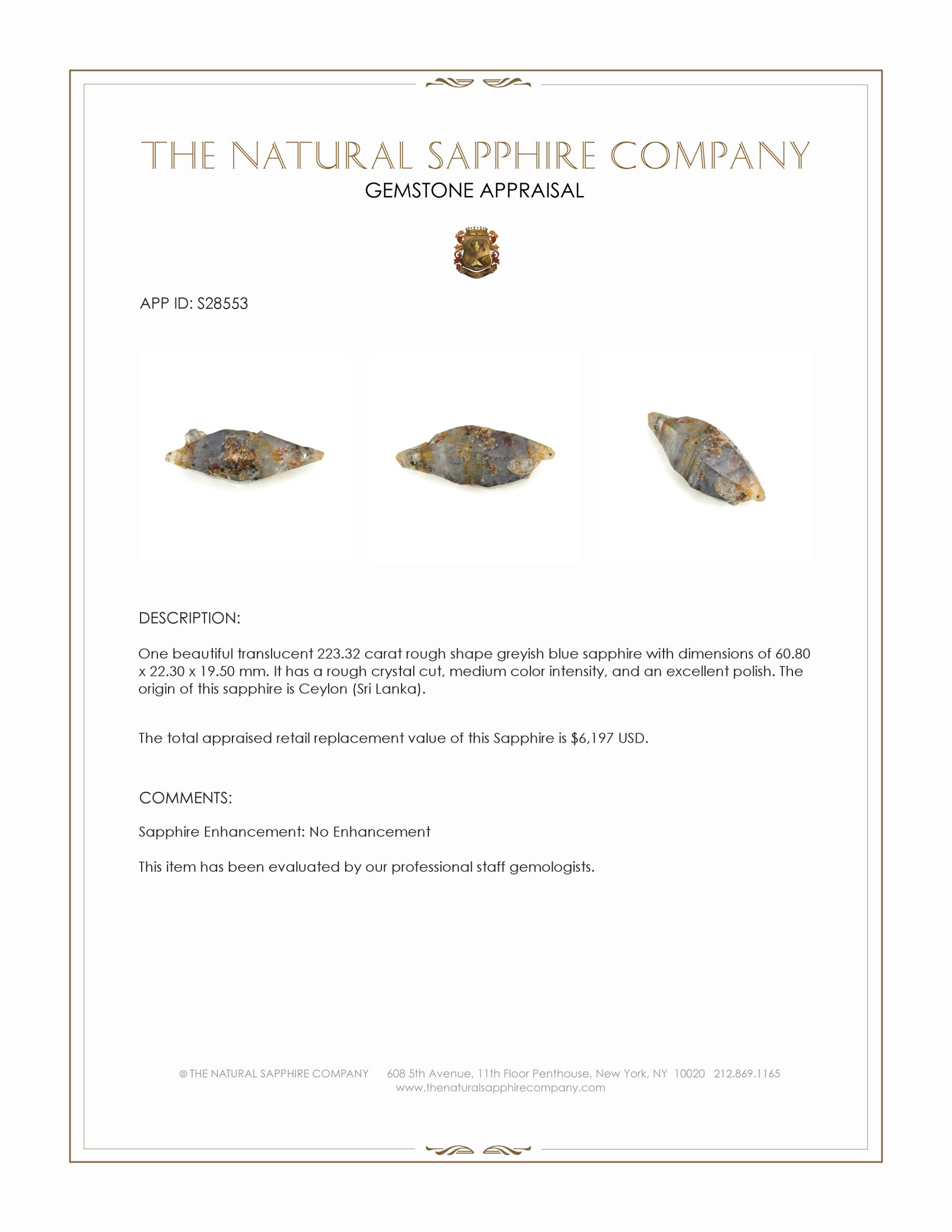 223.32 Ct. Greyish Blue Rough Sapphire Crystal from Ceylon (Sri Lanka)