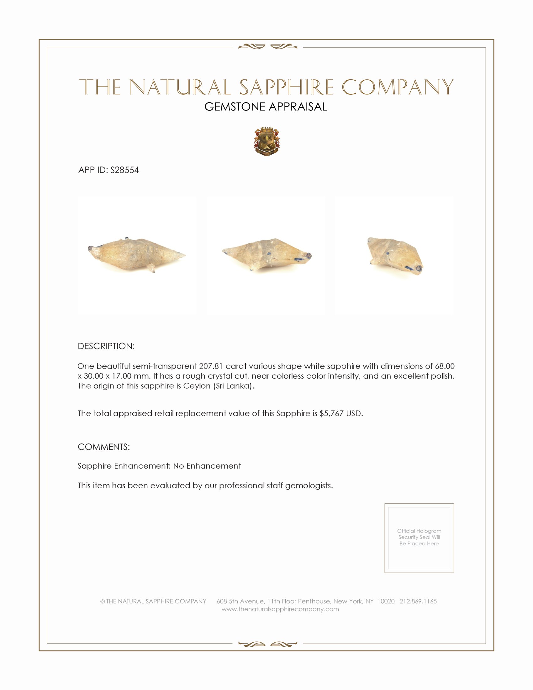 207.81 Ct. White Sapphire Crystal from Ceylon (Sri Lanka)