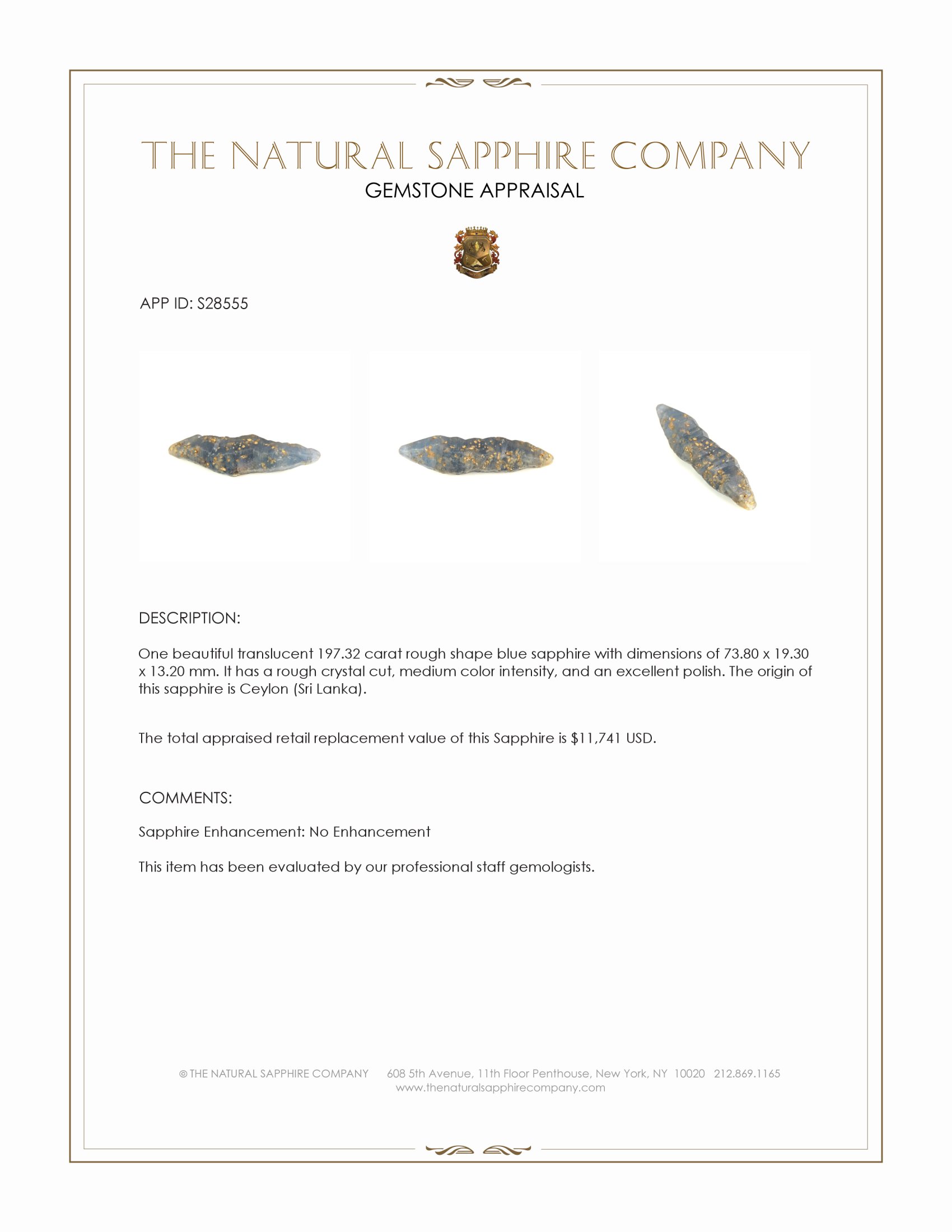 197.32 Ct. Blue Rough Sapphire Crystal from Ceylon (Sri Lanka)