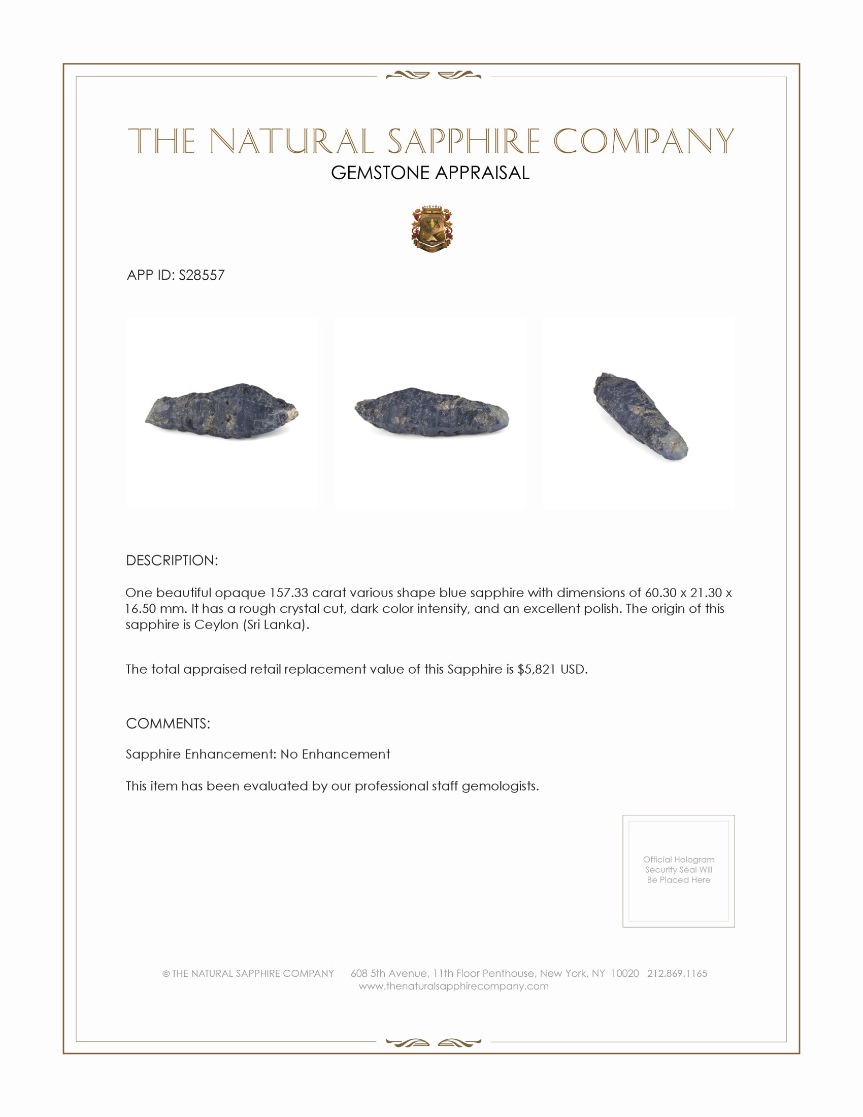 157.33 Ct. Blue Rough Sapphire Crystal from Ceylon (Sri Lanka)