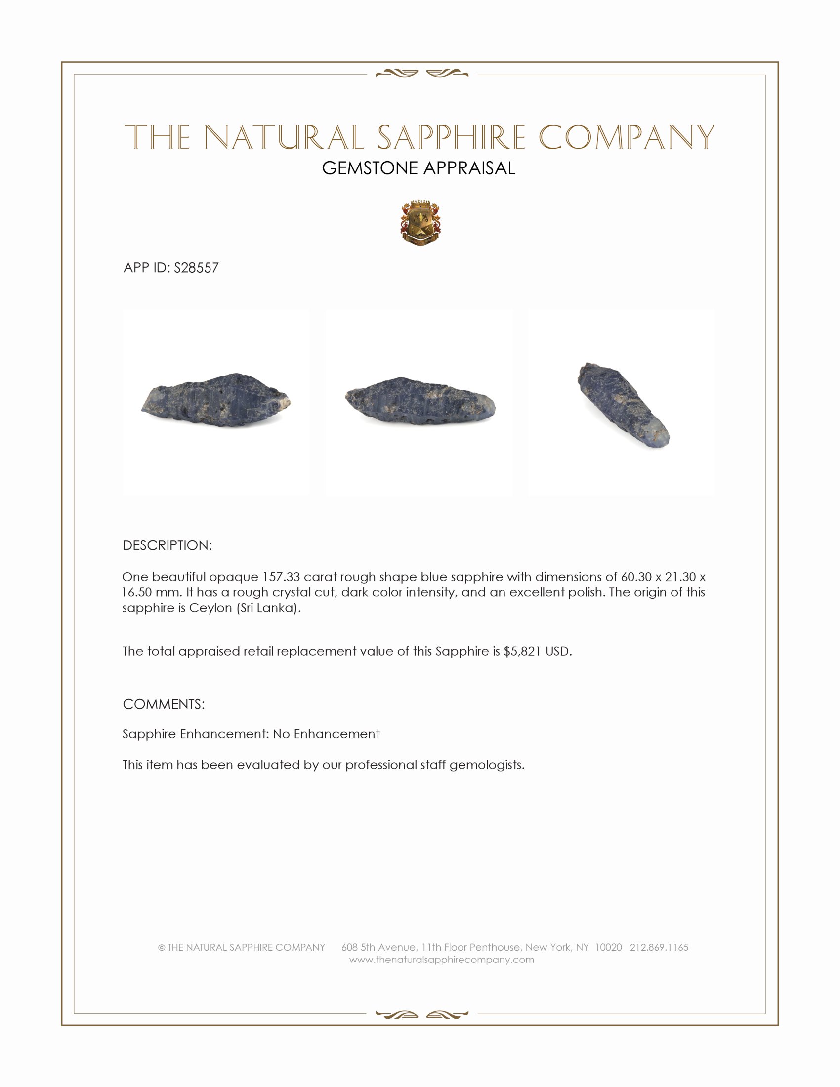 157.33 Ct. Blue Rough Sapphire Crystal from Ceylon (Sri Lanka)