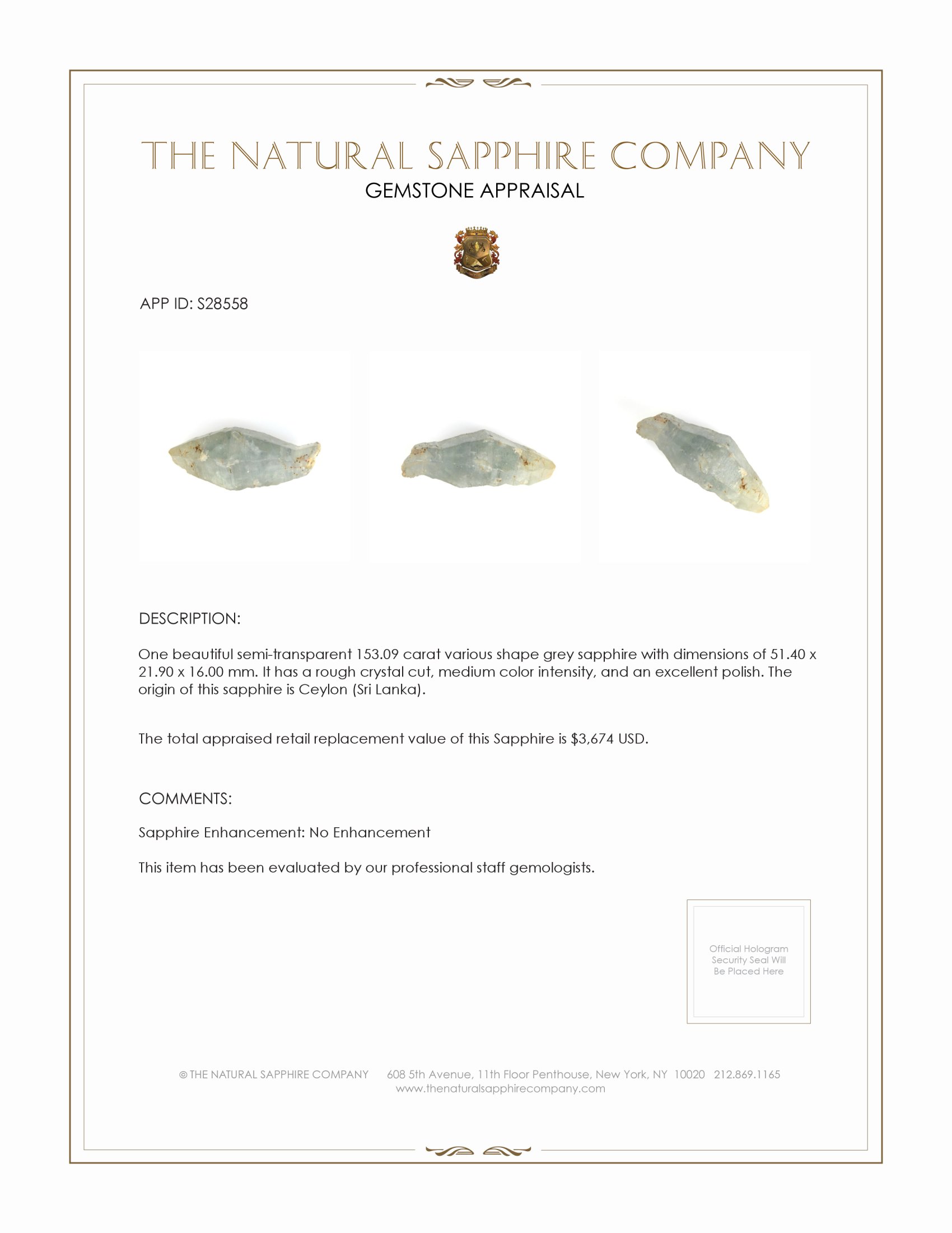 153.09 Ct. Grey Sapphire Crystal from Ceylon (Sri Lanka)