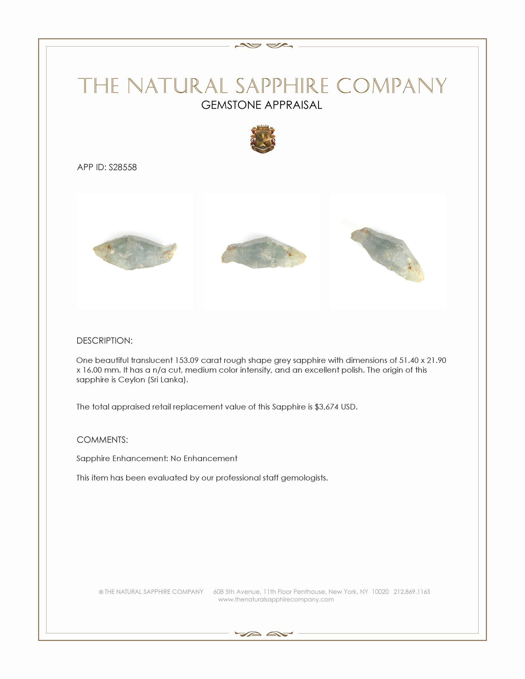 153.09 Ct. Grey Rough Sapphire from Ceylon (Sri Lanka)