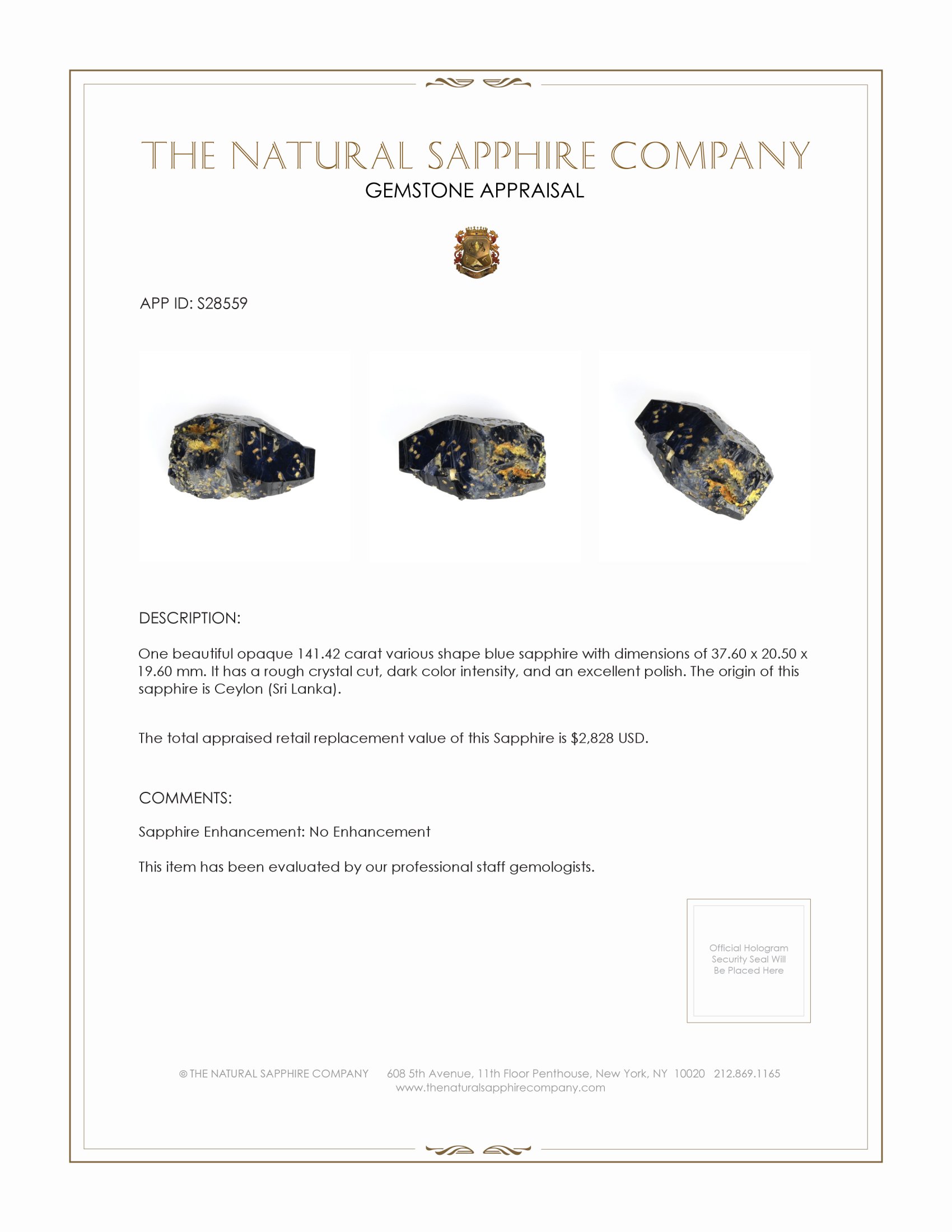 141.42 Ct. Blue Sapphire Crystal from Ceylon (Sri Lanka)