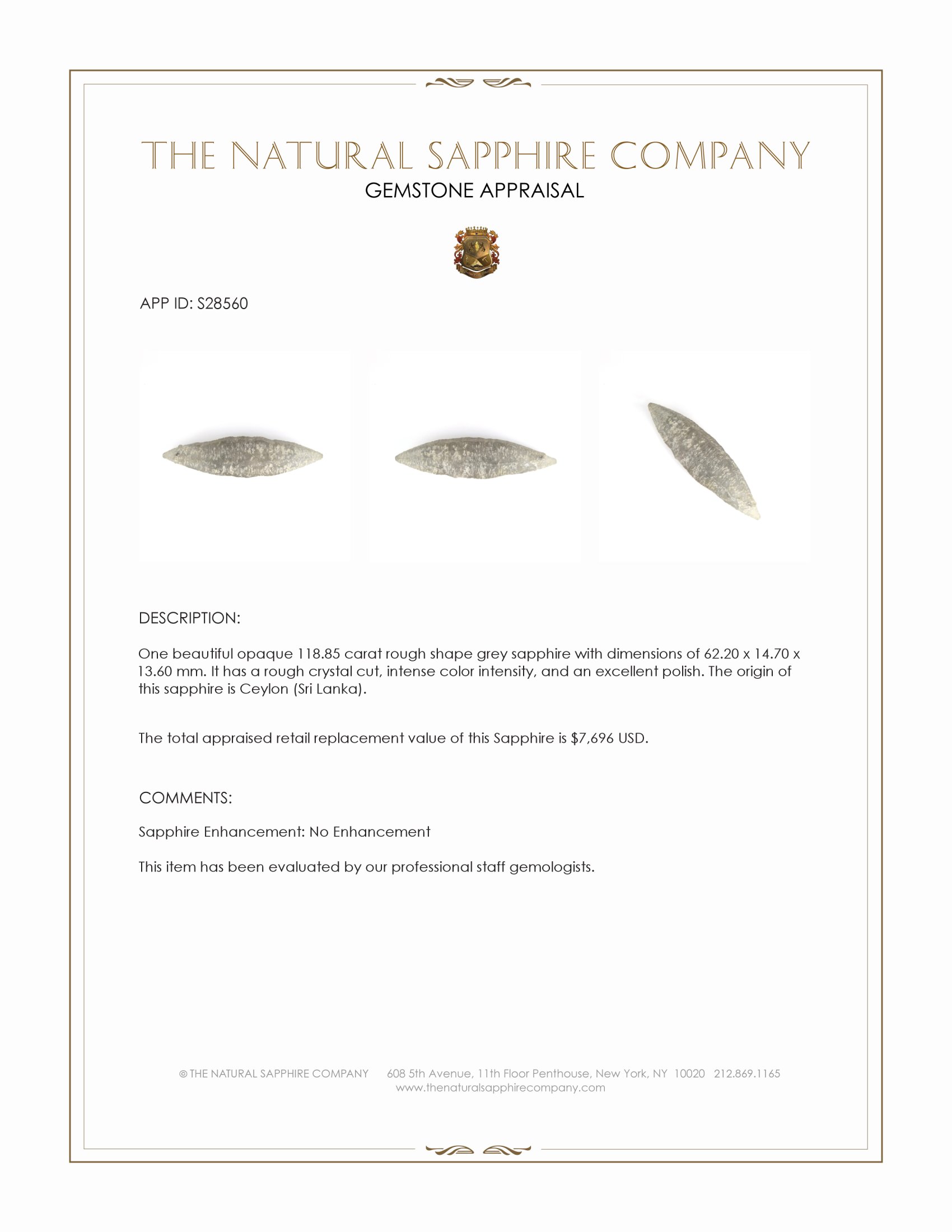 118.85 Ct. Grey Rough Sapphire Crystal from Ceylon (Sri Lanka)