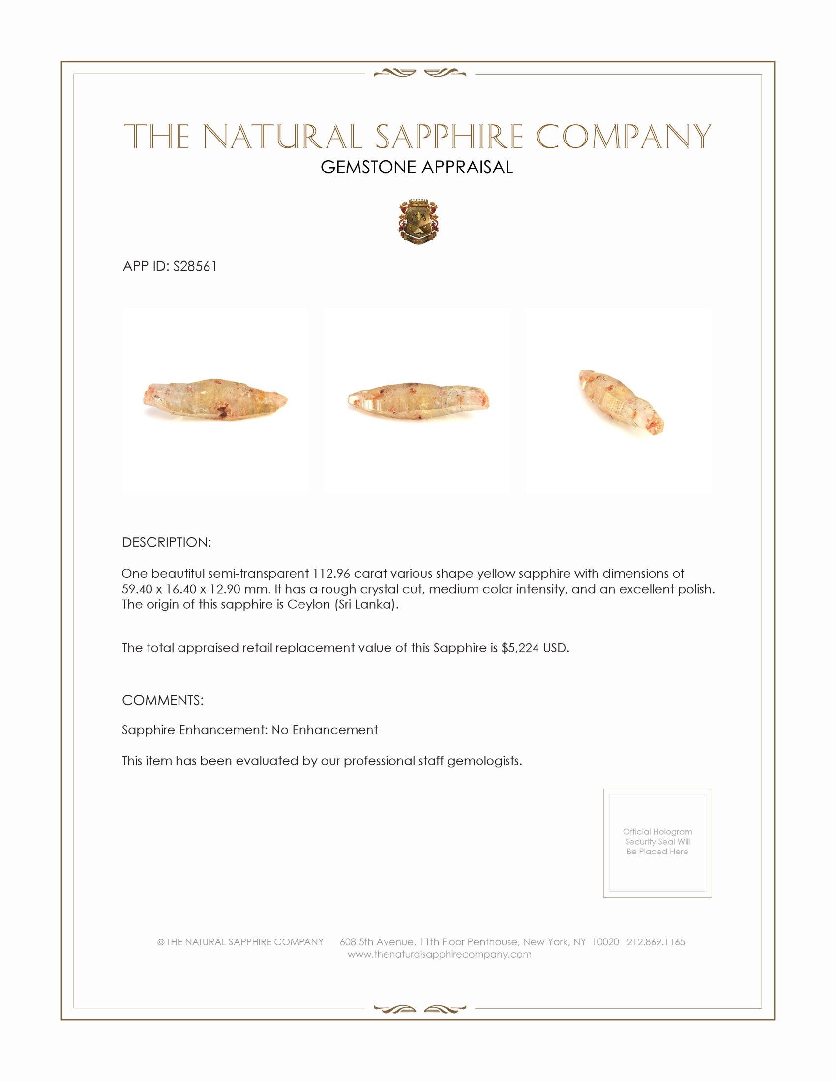 112.96 Ct. Yellow Sapphire Crystal from Ceylon (Sri Lanka)